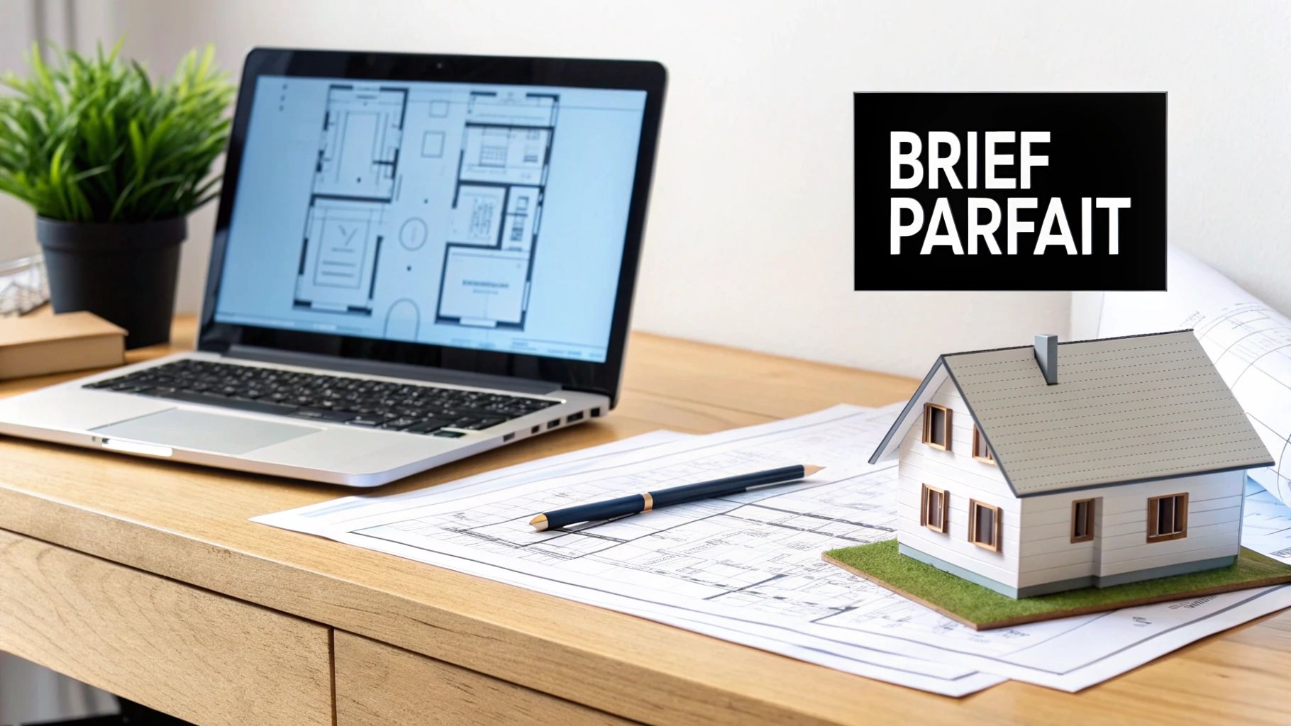 Plans de maison numériques et physiques, maquette de maison sur bureau en bois avec texte 'BRIEF PARFAIT'.