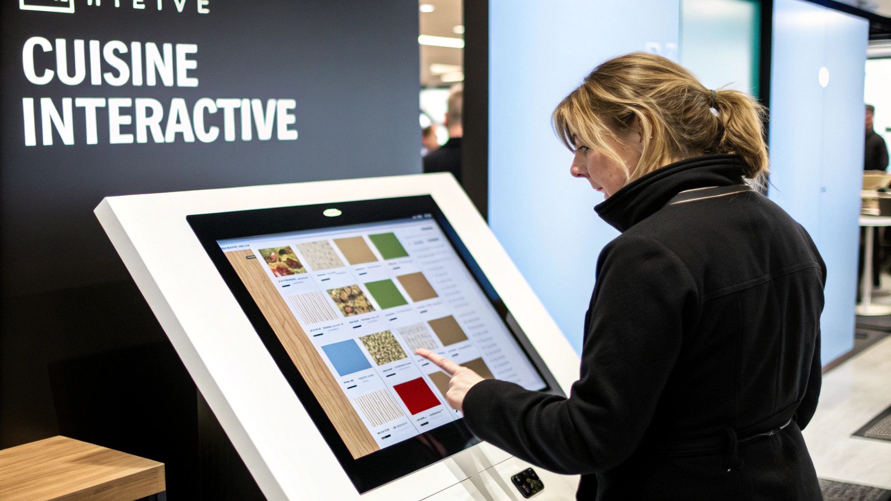 Une femme aux cheveux blonds utilise un grand écran tactile interactif pour choisir des options de design de cuisine.