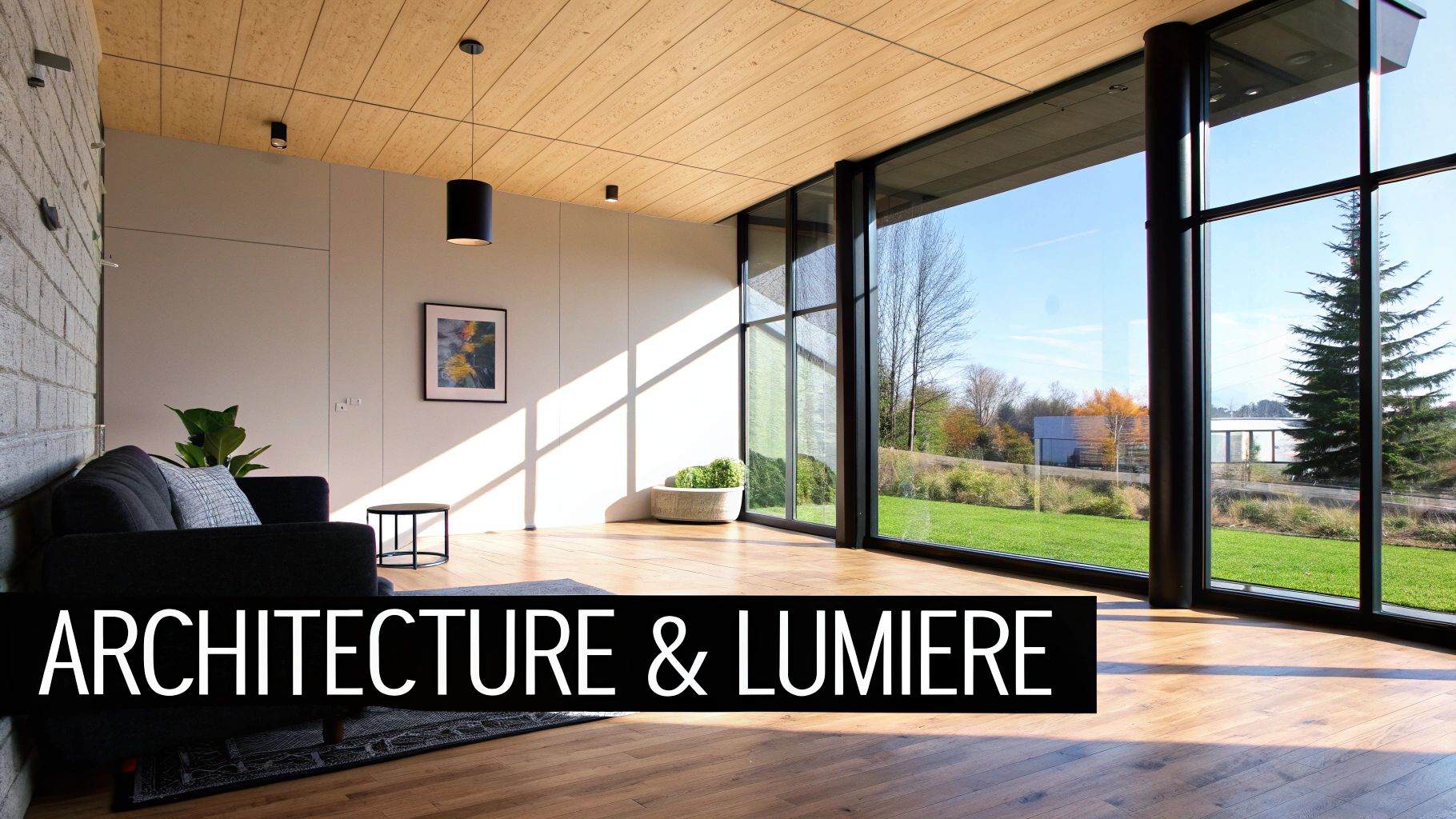 Intérieur moderne et lumineux avec de grandes baies vitrées, un canapé noir, un sol en bois et un tableau abstrait.