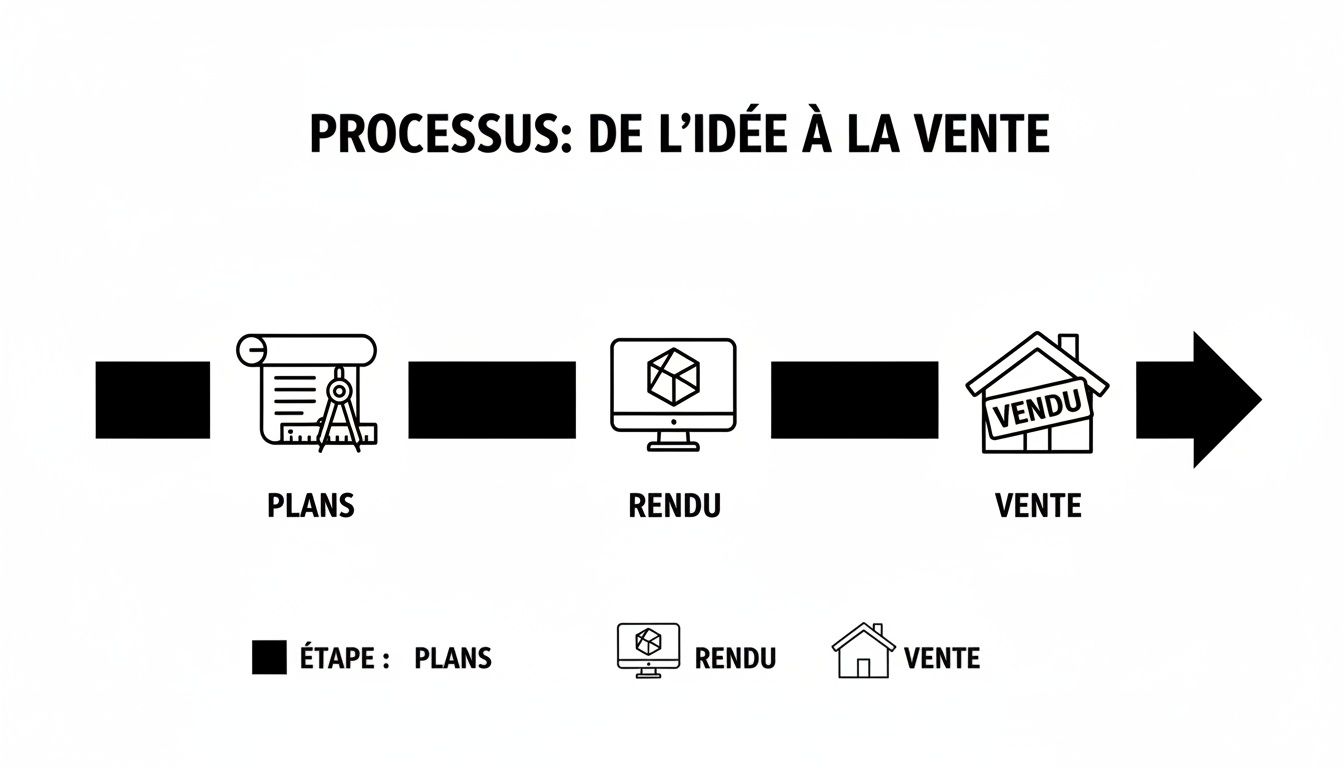 Diagramme montrant le processus de l'idée à la vente, avec les étapes de plans, rendu 3D et vente d'un projet.