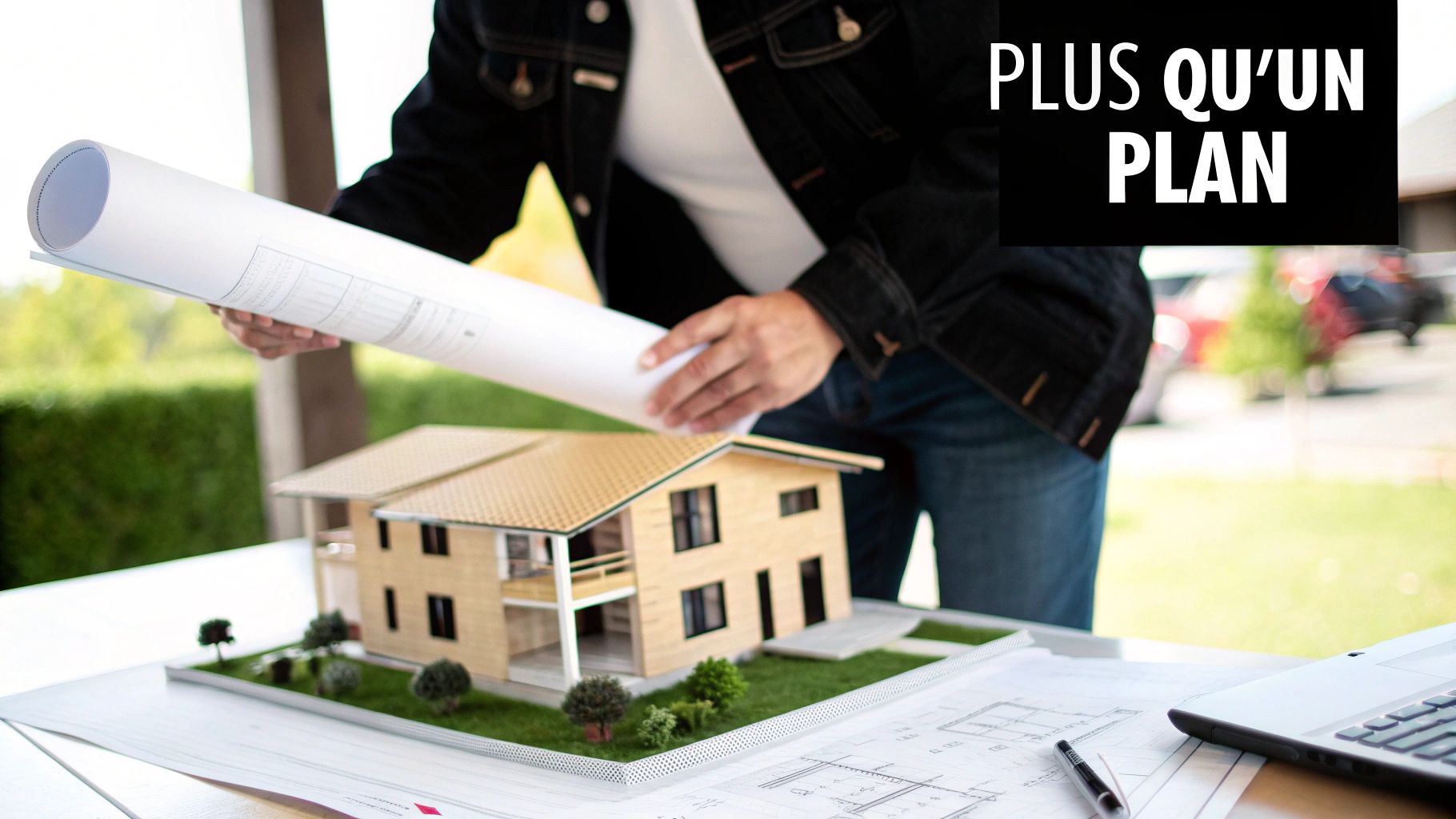 Une personne tenant des plans architecturaux, examinant une maquette de maison sur une table avec un ordinateur portable.