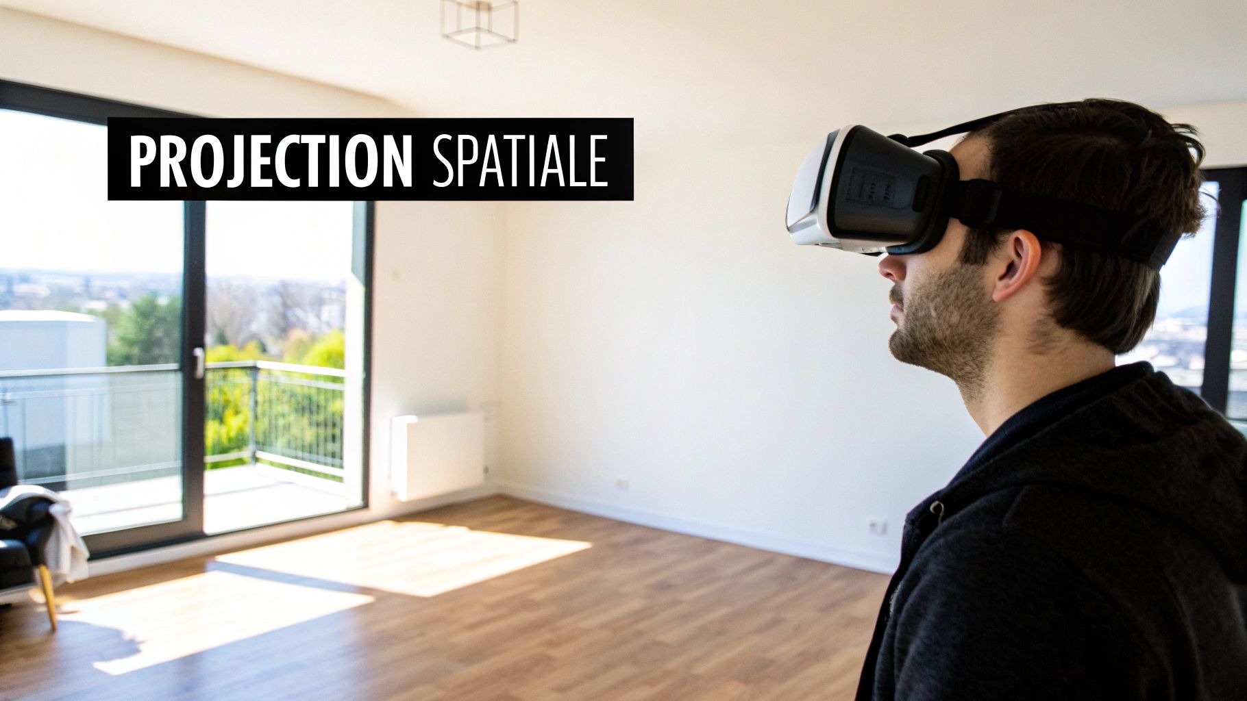 Un homme portant un casque de réalité virtuelle dans une pièce vide et lumineuse, avec le texte "PROJECTION SPATIALE" en surimpression.
