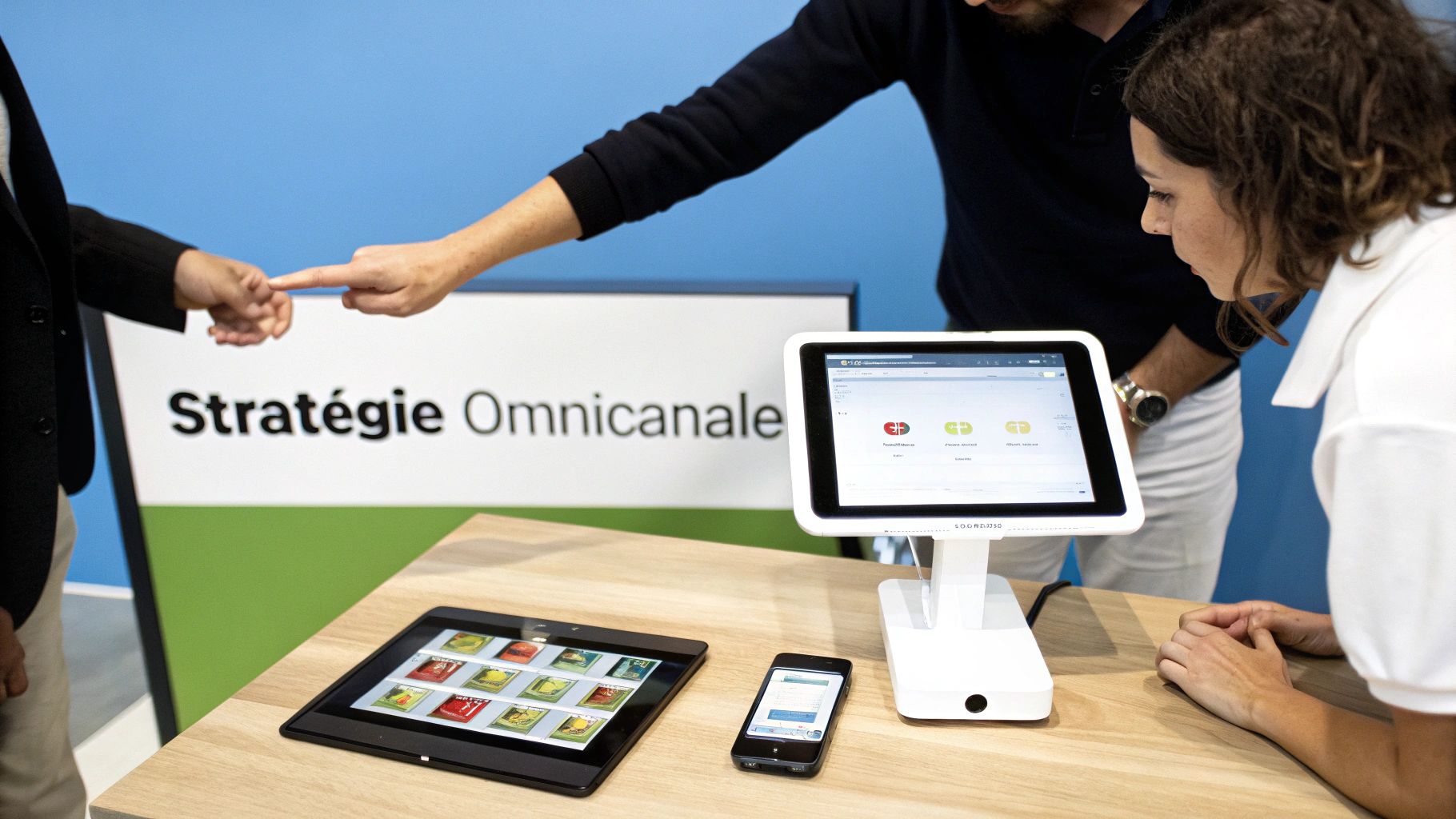 Des personnes interagissent avec des appareils numériques (tablettes, smartphone) lors d'une présentation sur la stratégie omnicanale.