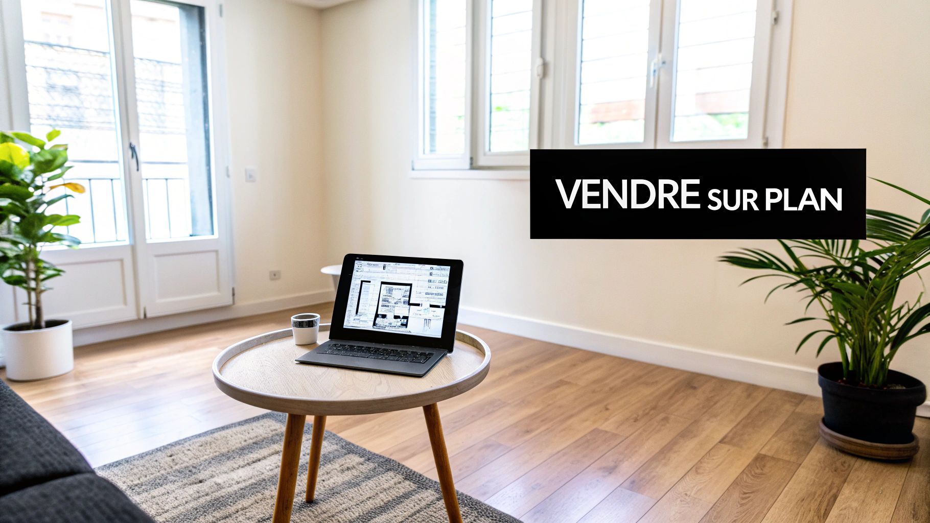 Un salon lumineux et moderne avec un ordinateur portable sur une table basse, des plantes et le texte « VENDRE sur PLAN ».