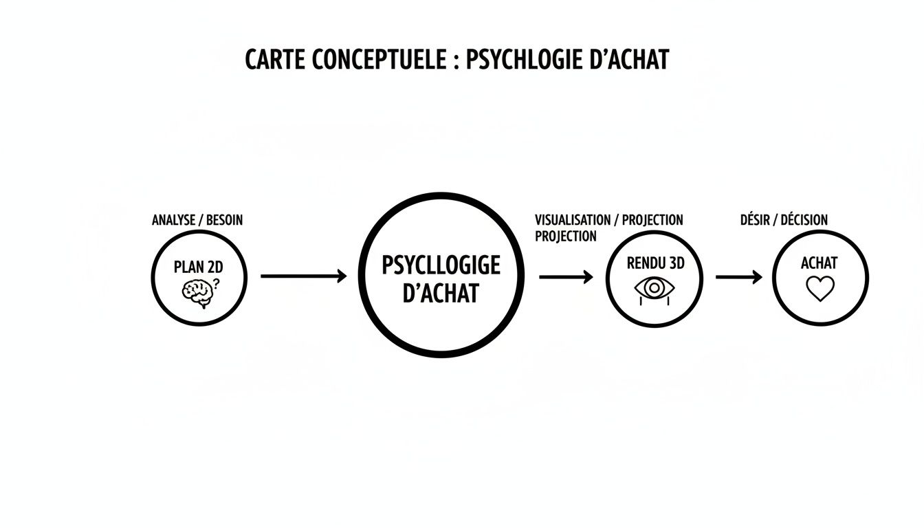 Une carte conceptuelle illustrant la psychologie d'achat, du plan 2D à la visualisation 3D et l'achat.