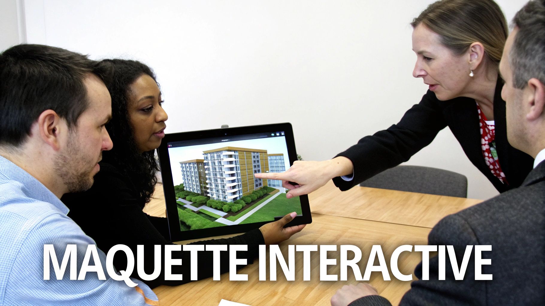 Trois personnes interagissent avec une tablette affichant une maquette 3D interactive de bâtiments résidentiels.