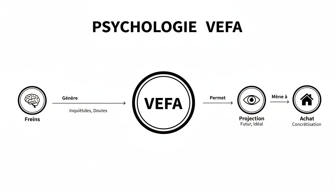 Diagramme psychologique VEFA illustrant le parcours des freins aux inquiétudes, la projection future et l'achat concrétisé.