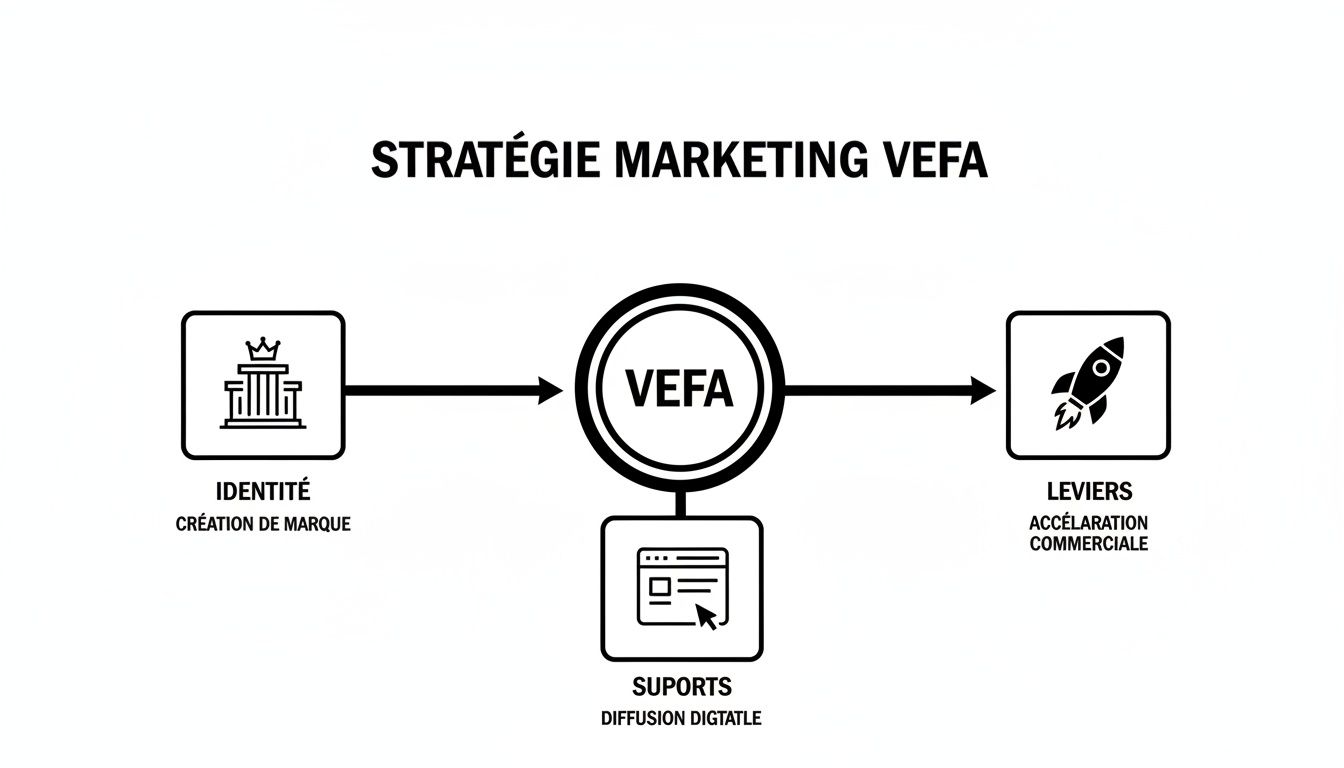 Diagramme de la stratégie marketing VEFA, illustrant l'identité, les supports digitaux et les leviers commerciaux.