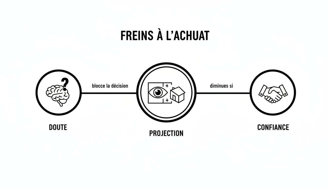 Schéma montrant les freins à l'achat: le doute bloque la décision, la projection mène à la confiance.