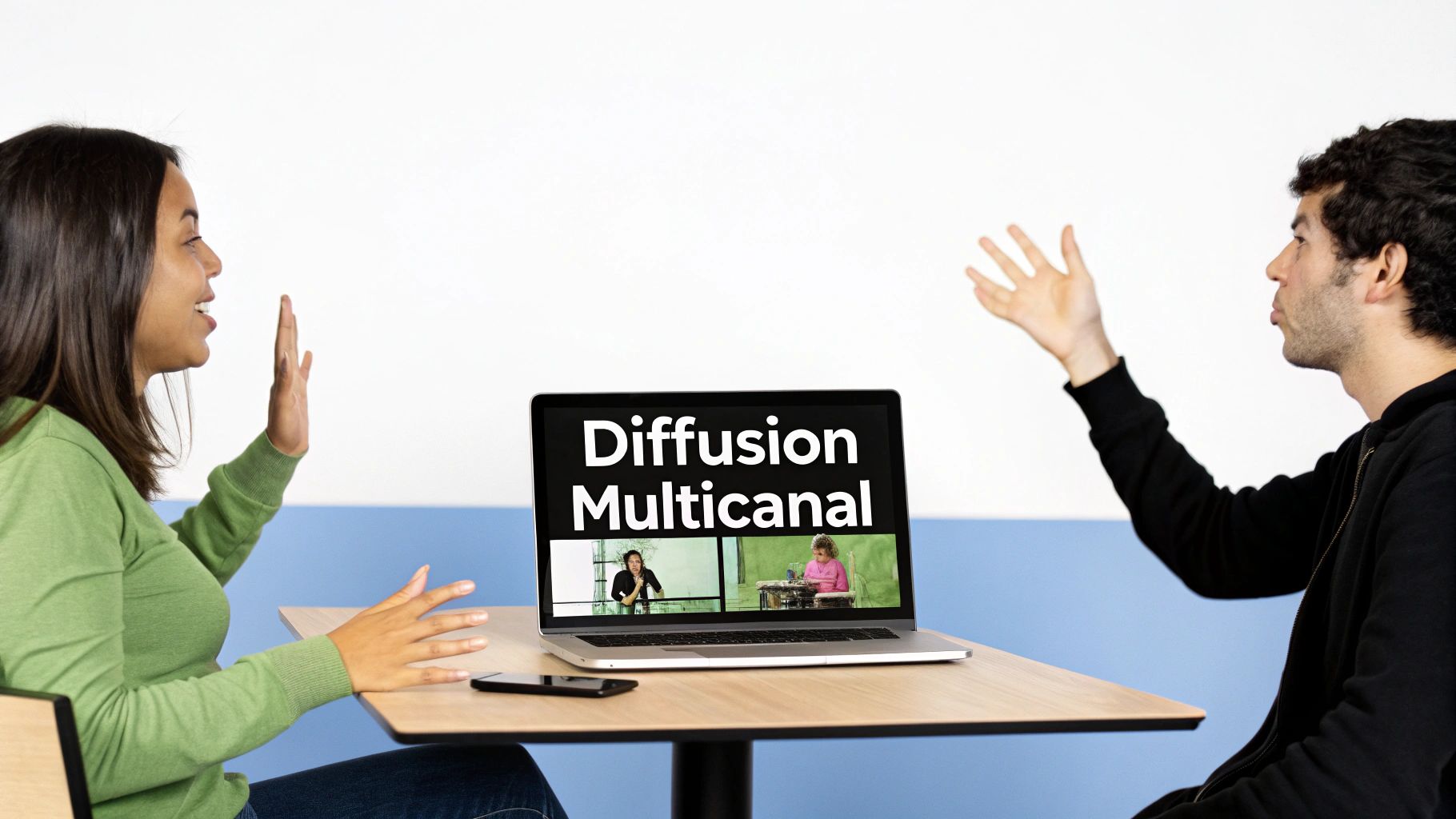 Jeunes adultes discutant en regardant un ordinateur portable affichant "Diffusion Multicanal" et des vidéos.