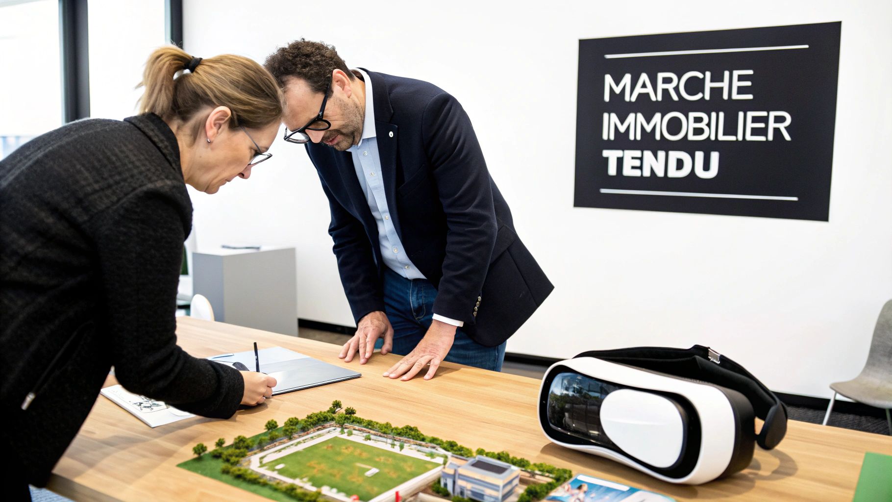 Deux professionnels en réunion examinent attentivement une maquette immobilière et un casque de réalité virtuelle sur une table.