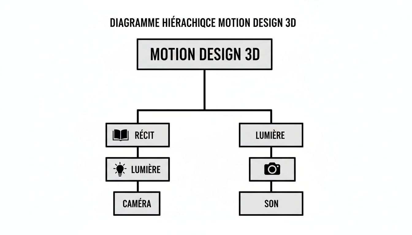 Diagramme hiérarchique du motion design 3D illustrant ses composants principaux : récit, lumière, caméra et son.