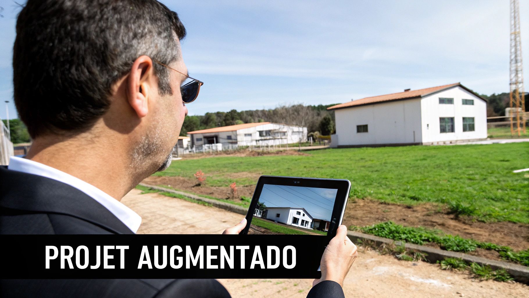Un homme utilise une tablette pour visualiser un projet de construction en réalité augmentée sur un terrain ensoleillé.