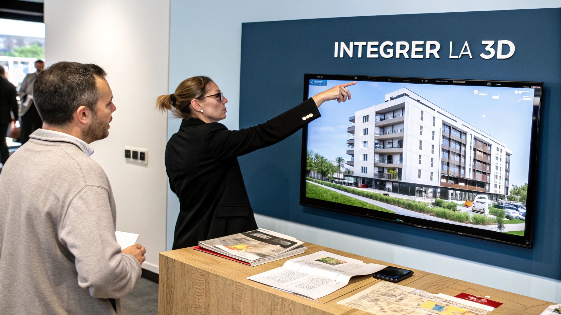 Professionnels de l'immobilier présentant un projet architectural en 3D sur écran tactile interactif
