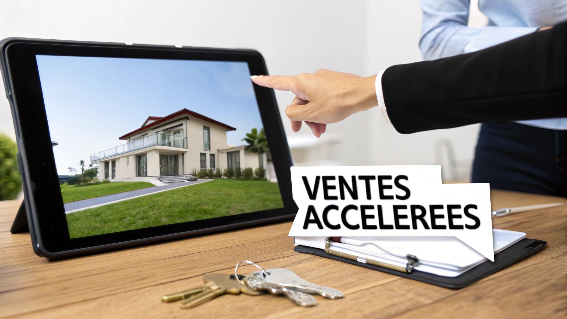 Main pointant vers une tablette affichant une maison moderne, avec des clés et un document sur les ventes immobilières accélérées.