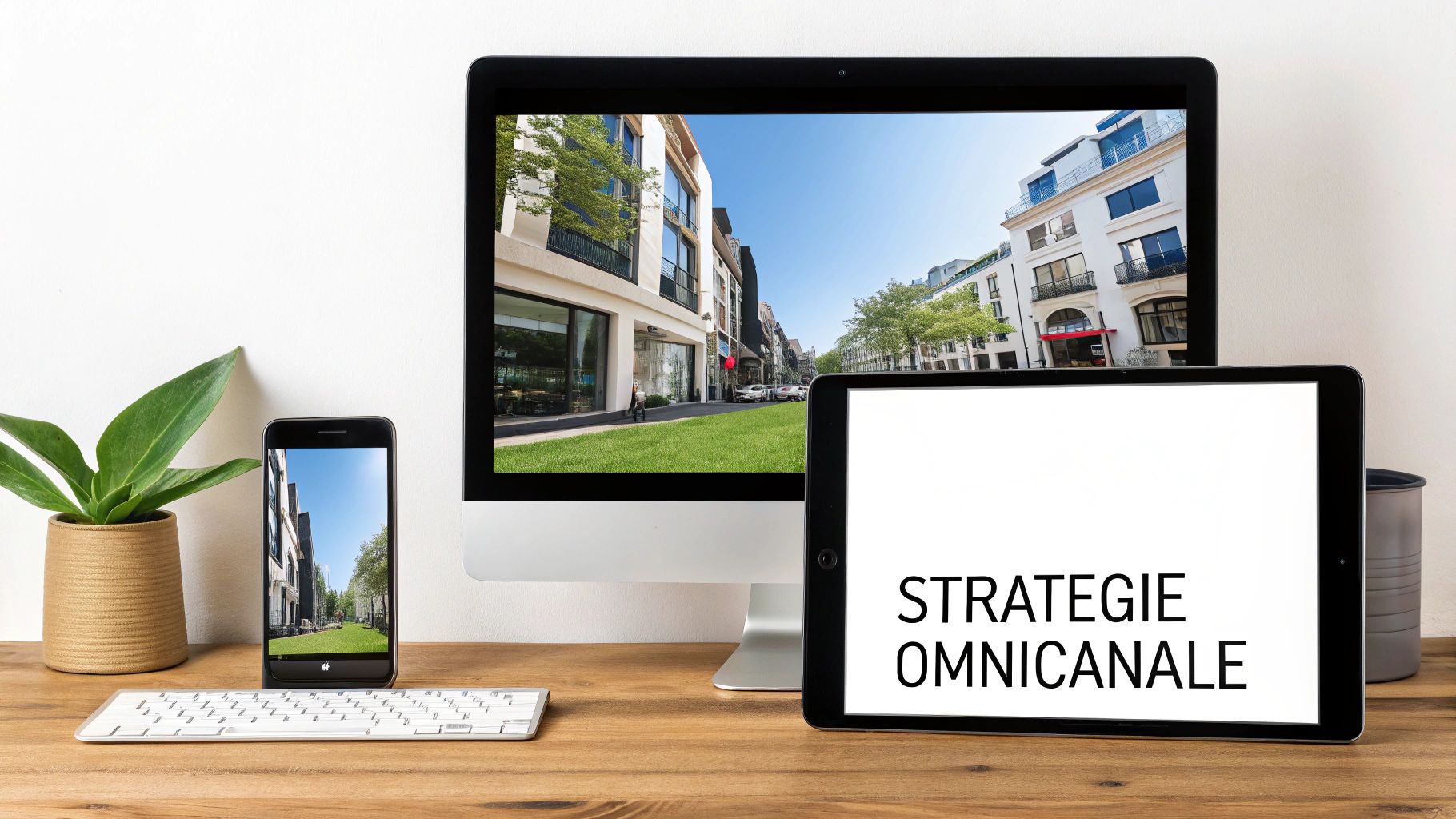 Écran d'ordinateur, tablette et smartphone affichant un paysage urbain et le texte "STRATEGIE OMNICANALE" sur un bureau en bois.