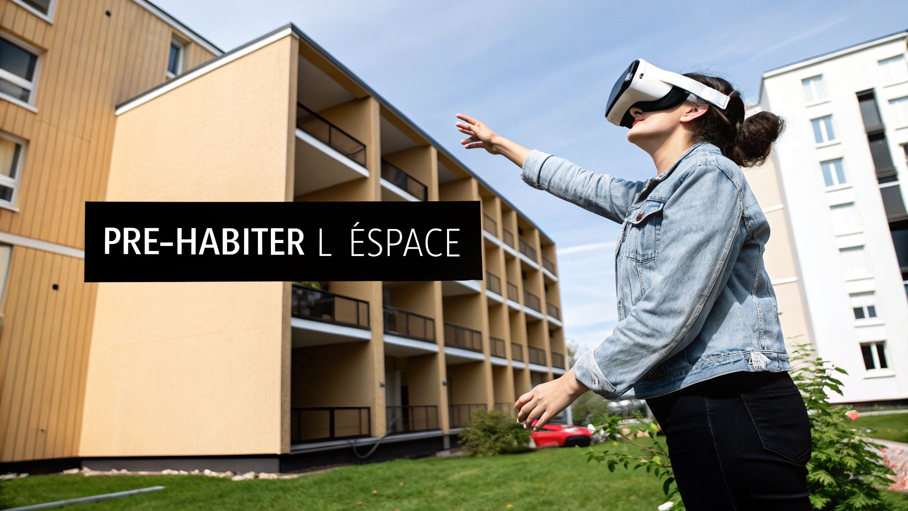 Une femme avec un casque VR explore un espace virtuel devant des bâtiments modernes, illustrant 'Pré-habiter l'espace'.