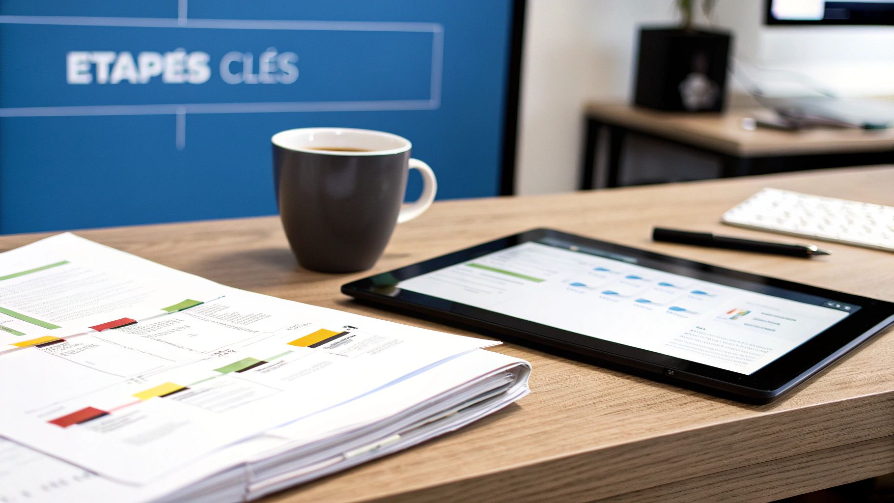 Vue rapprochée d'un bureau de travail avec documents, tablette, tasse de café et écran affichant 'ETAPES CLÉS'.