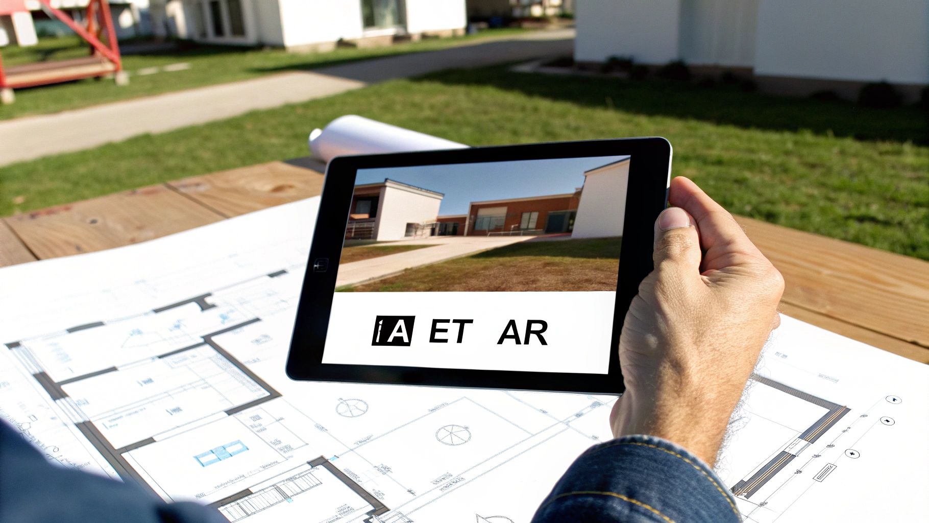 Personne tenant une tablette affichant une maison moderne, avec des plans architecturaux sur une table en bois et un jardin en arrière-plan.
