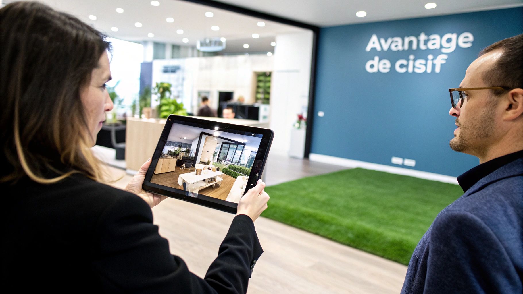 Une femme tient une tablette montrant une maison virtuelle moderne, un homme regarde un mur bleu.