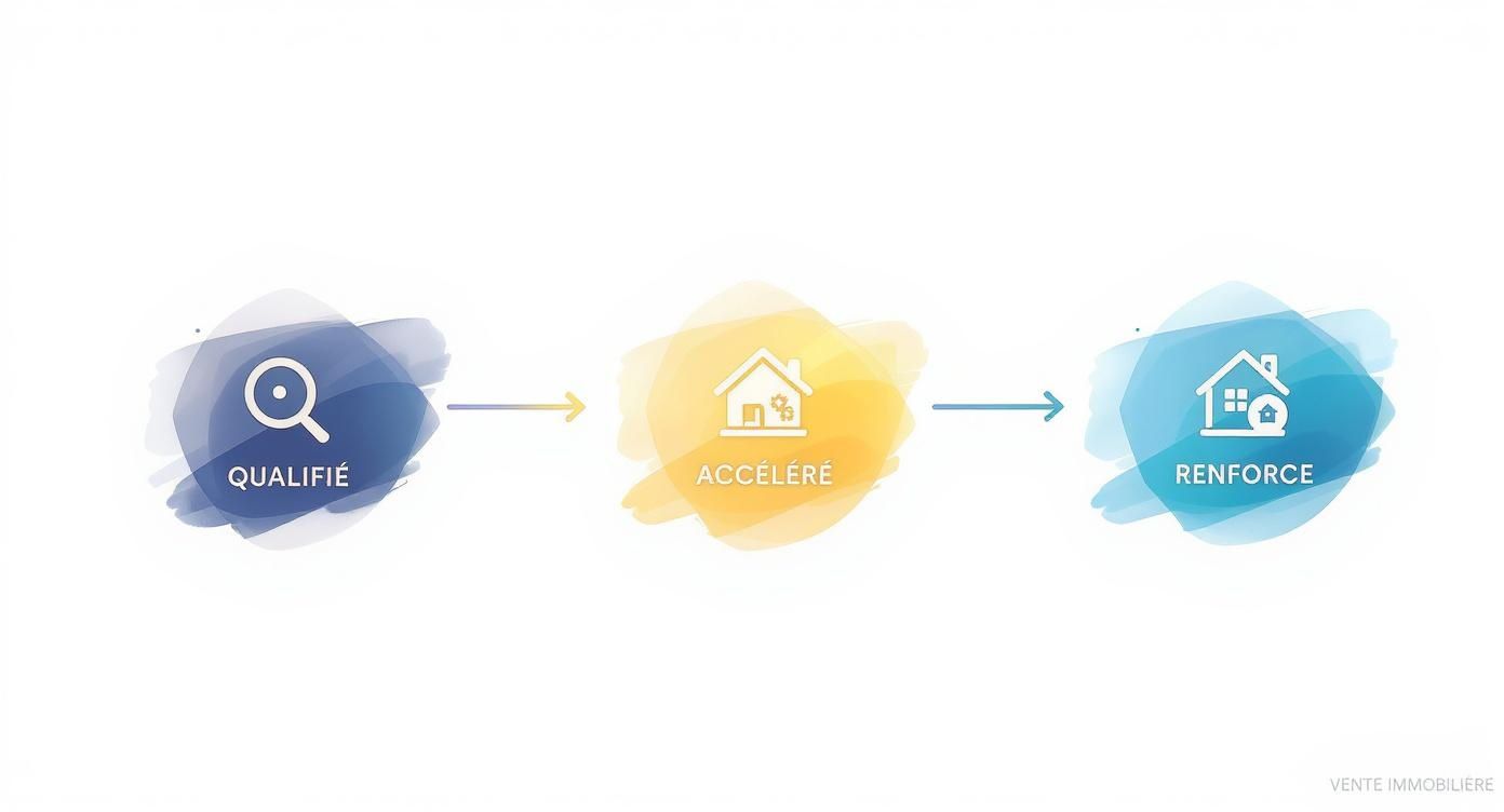 Infographie montrant un processus en 3 étapes de la vente immobilière grâce à la visite virtuelle : Qualifier, Accélérer, Renforcer.