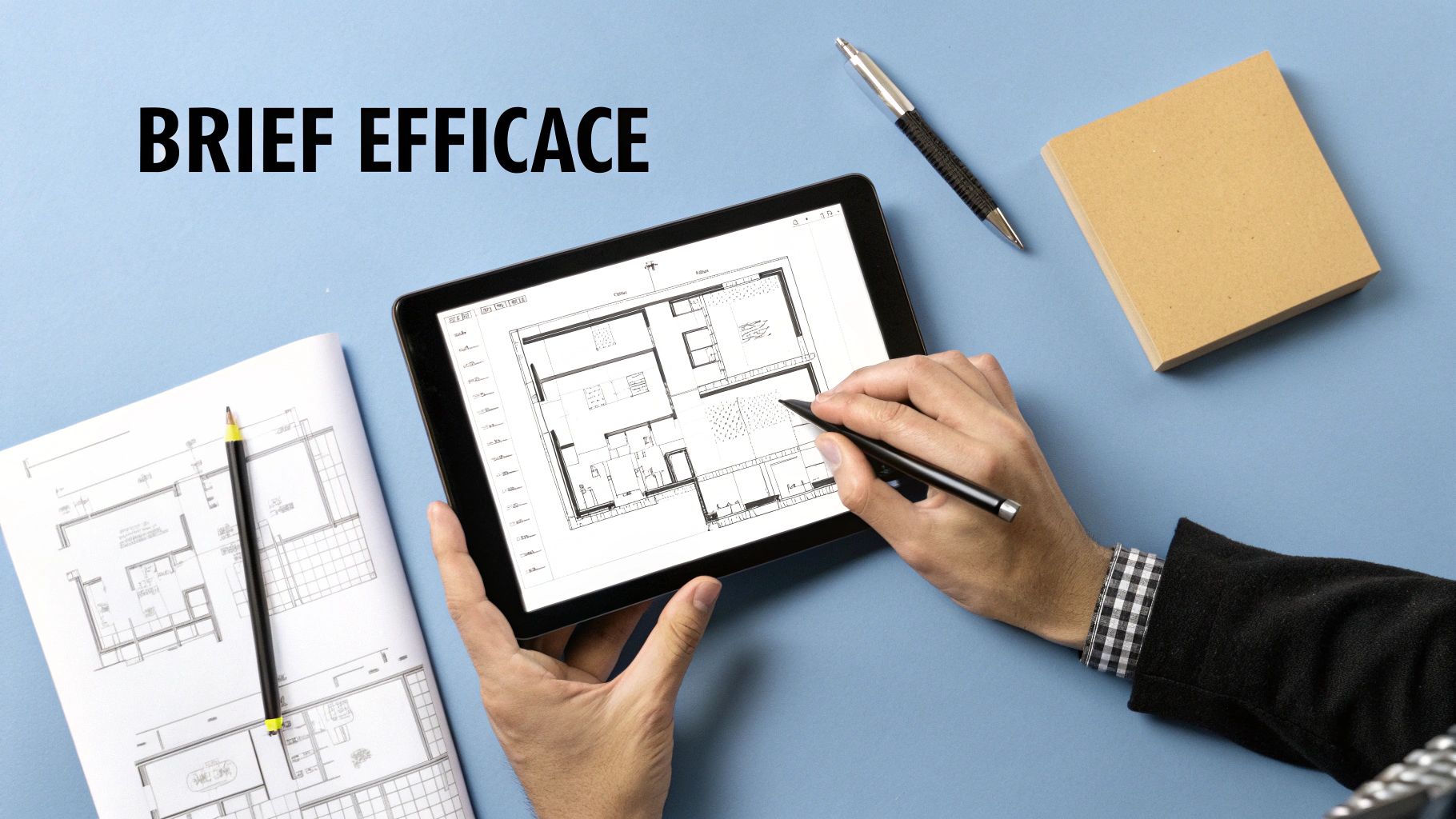 Personne dessinant un plan architectural sur une tablette tactile avec un stylet, sur un bureau bleu.