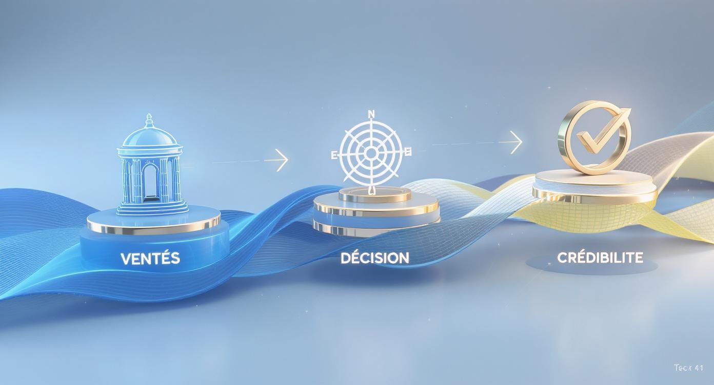 Infographie illustrant le processus en 3 étapes de l'impact d'une maquette 3D sur les ventes, la décision et la crédibilité.