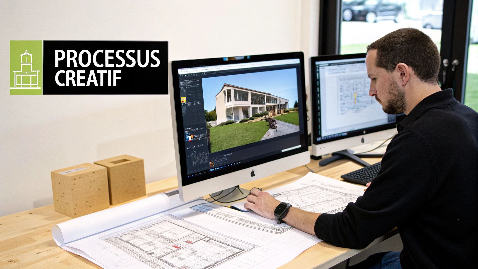 Un homme travaille sur des plans architecturaux et des rendus 3D de maison sur un iMac.