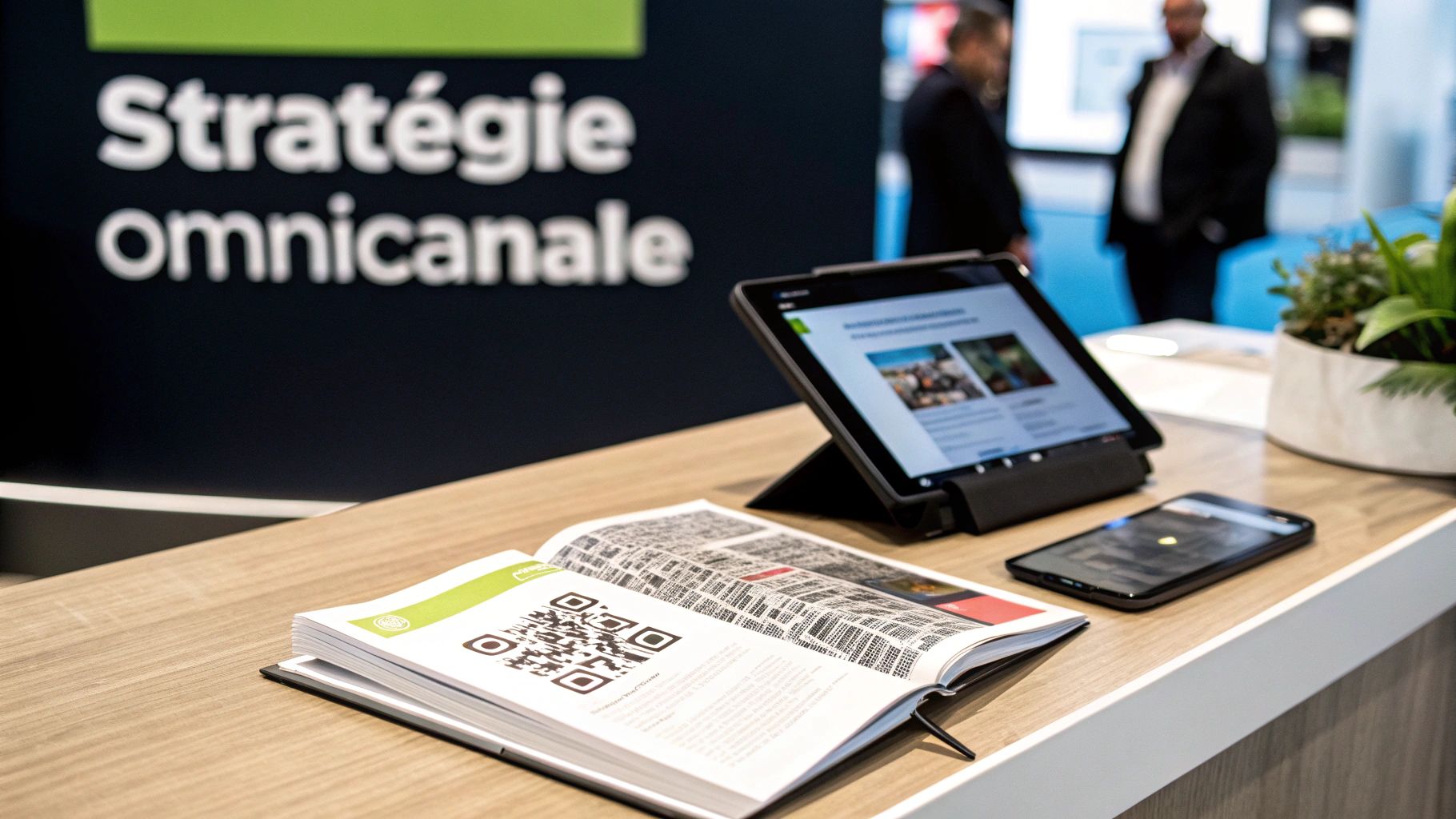 Une tablette, un smartphone et un livre ouvert avec un QR code sur une table, près d'un panneau 'Stratégie omnicanale'.