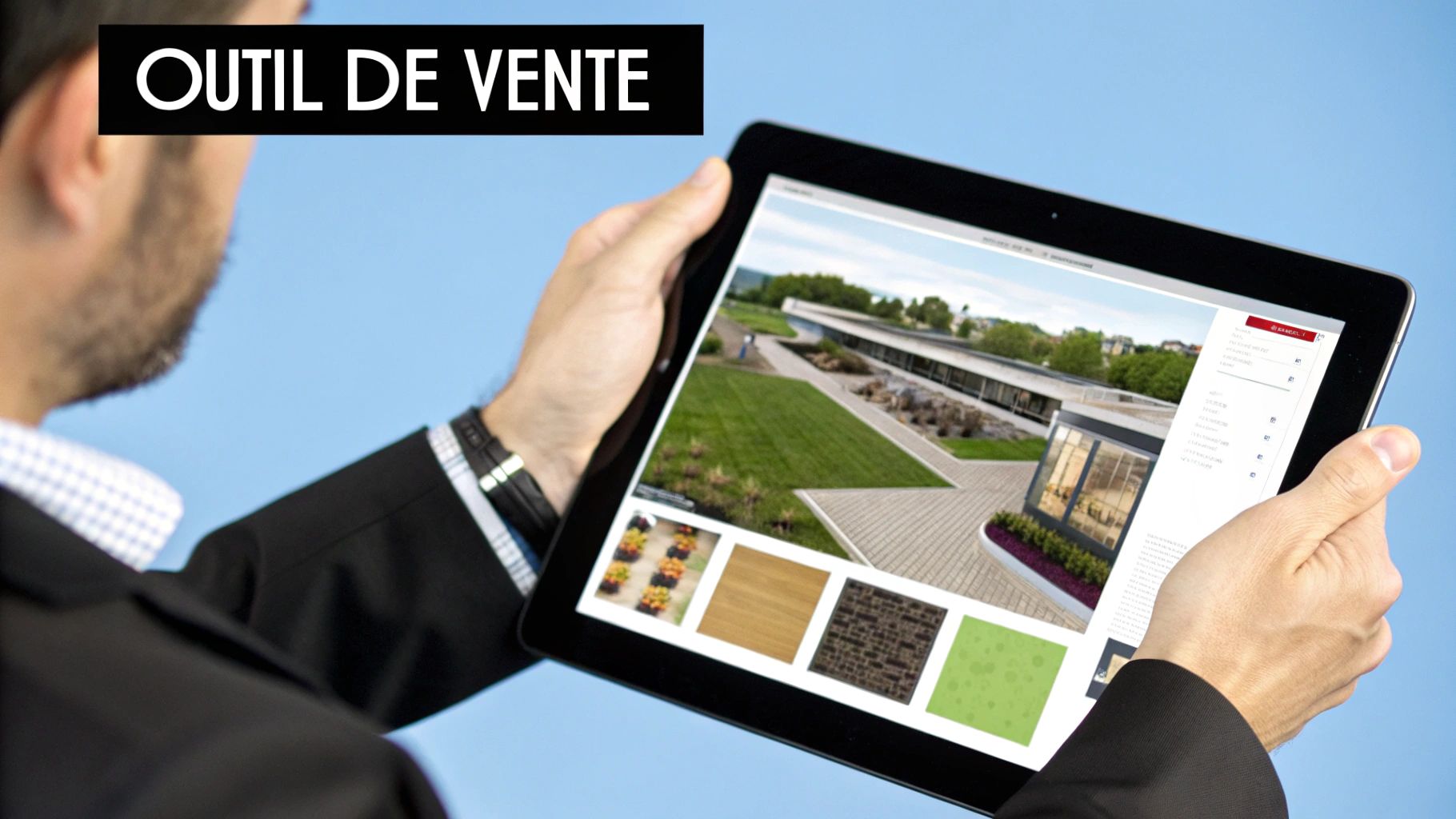 Homme consultant une visite virtuelle 3D d'une propriété immobilière moderne sur tablette