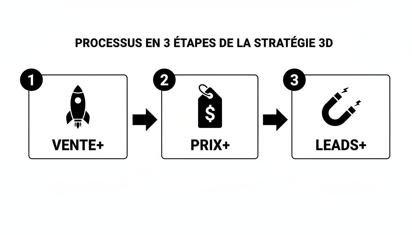 Un processus en 3 étapes pour la stratégie 3D, incluant la vente, le prix et les leads.