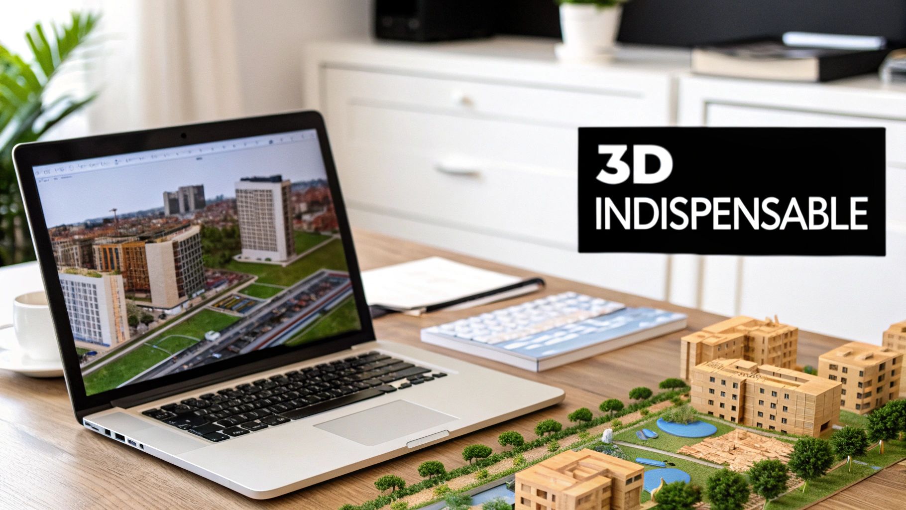 Un ordinateur portable affichant une modélisation 3D de ville, avec une maquette architecturale détaillée sur un bureau.