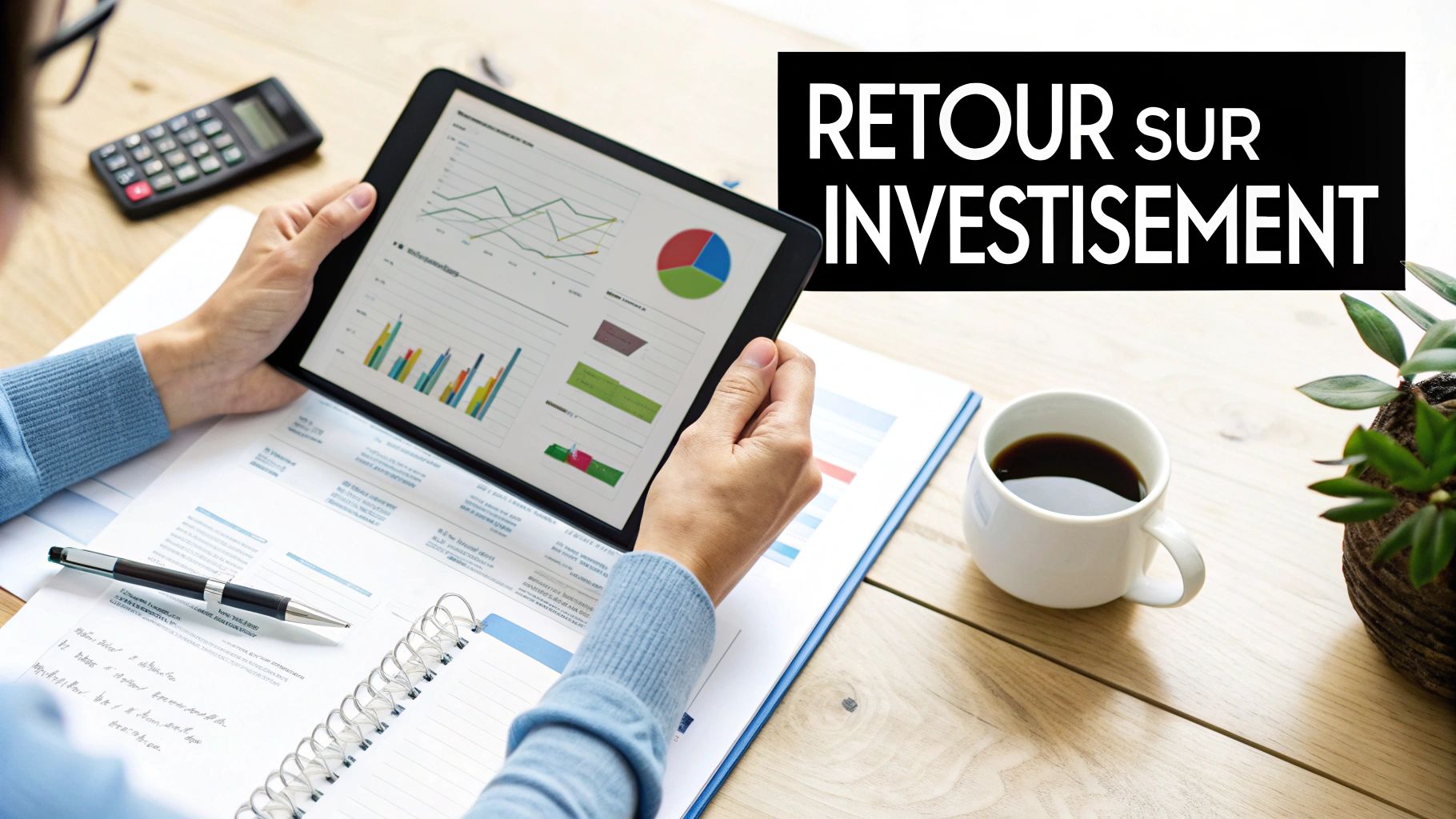 Personne analysant des graphiques financiers sur une tablette avec des documents, un café et la mention 'Retour sur Investissement'.