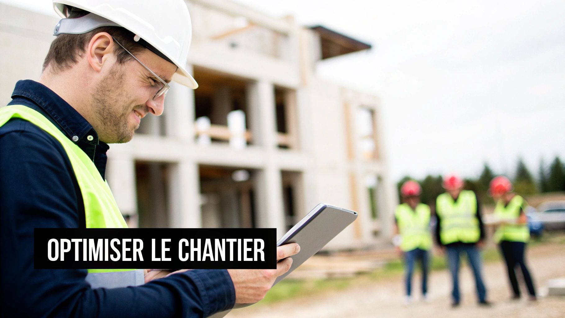 Ingénieur en casque et gilet de sécurité souriant, utilisant une tablette sur un chantier de construction.