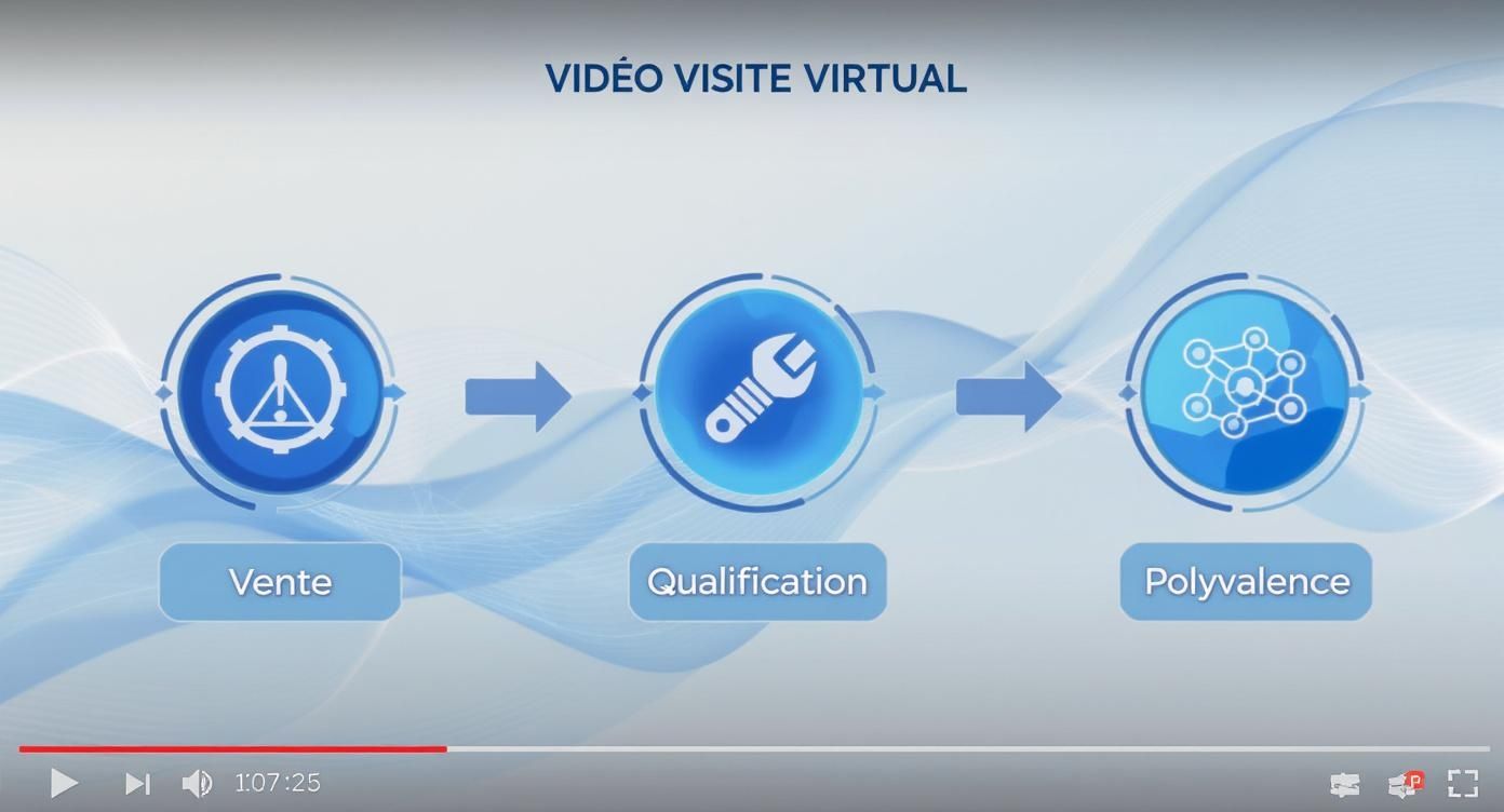 Une vidéo de visite virtuelle présentant un processus en trois étapes : Vente, Qualification, et Polyvalence, avec des icônes.