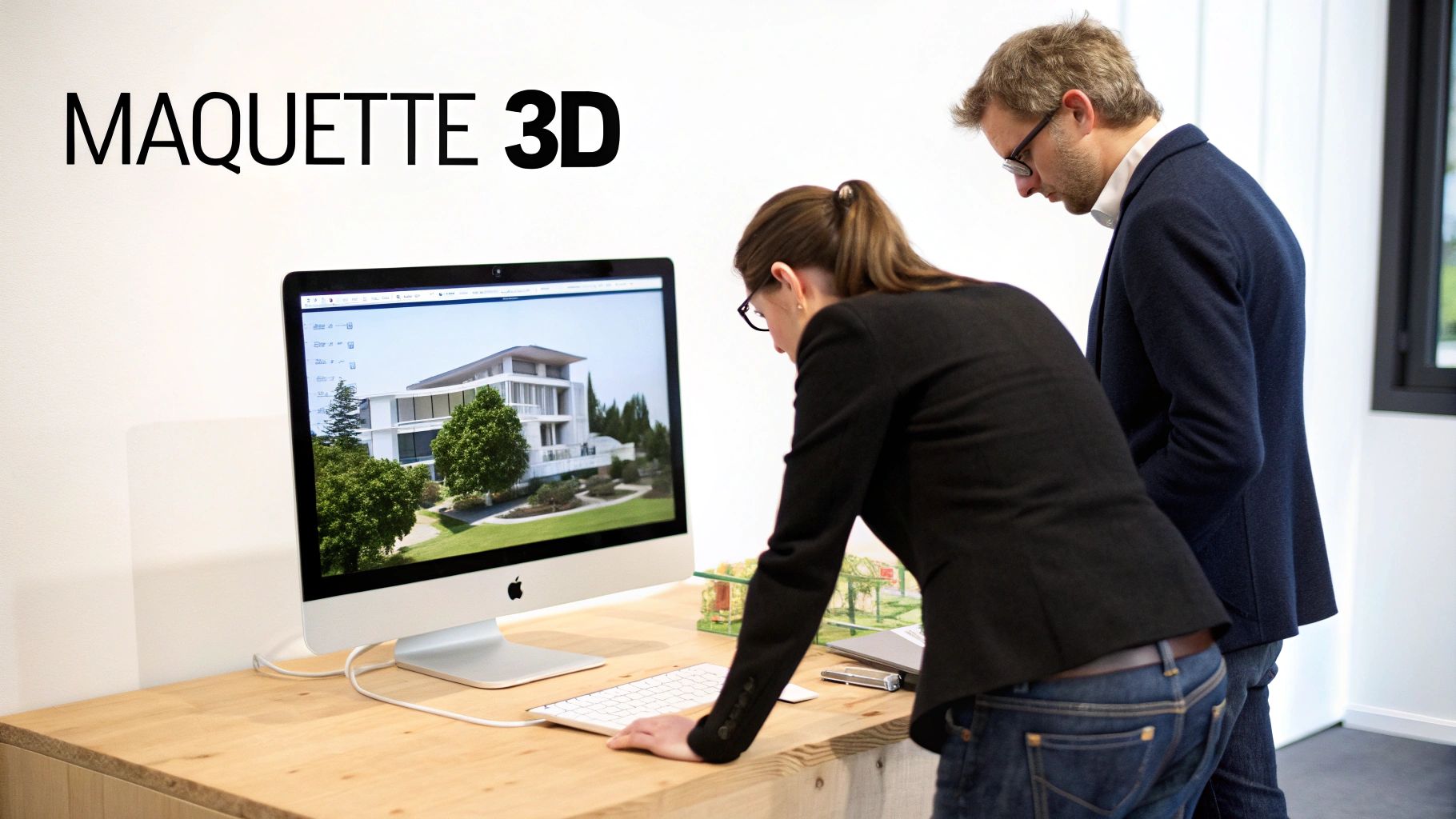 Deux personnes regardant une maquette 3D architecturale d'une maison moderne sur un écran d'ordinateur.