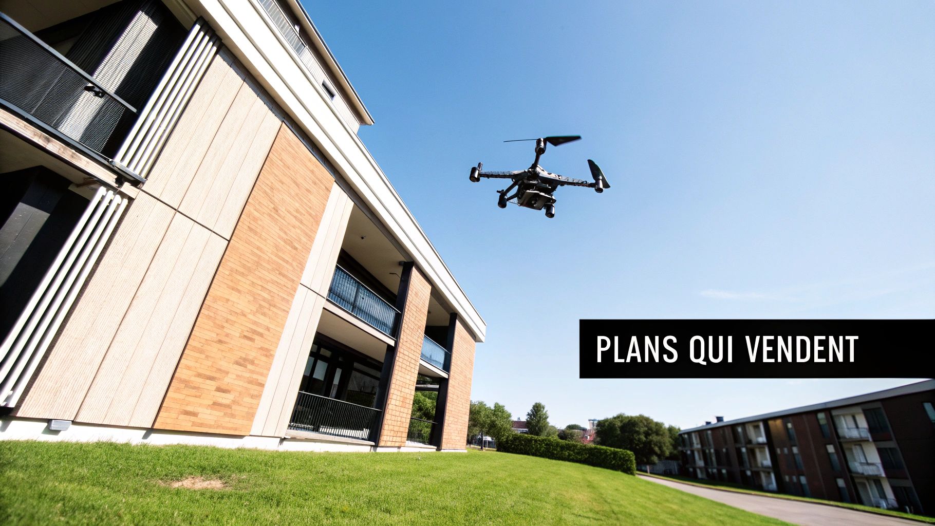 Un drone survole un immeuble moderne avec balcons et pelouse, idéal pour la photographie immobilière aérienne.