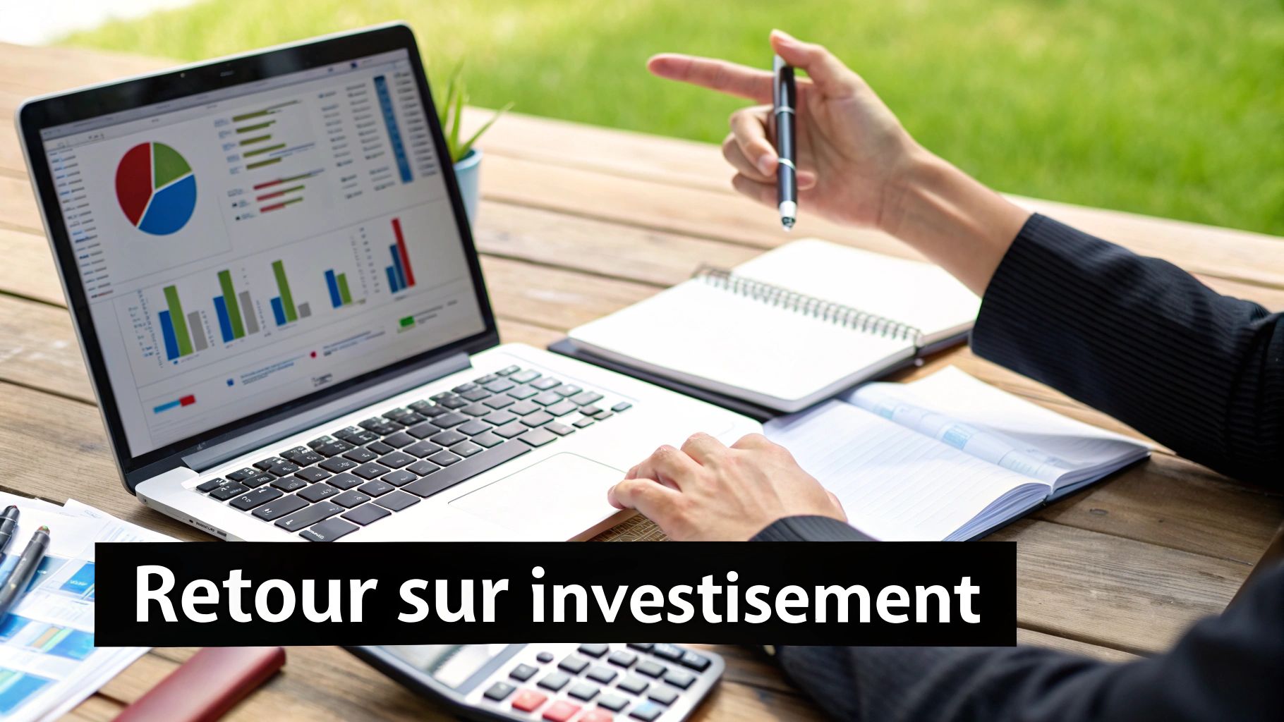 Personne analysant des graphiques financiers sur un ordinateur portable avec un carnet et une calculatrice. Le texte 'Retour sur investissement' est visible.