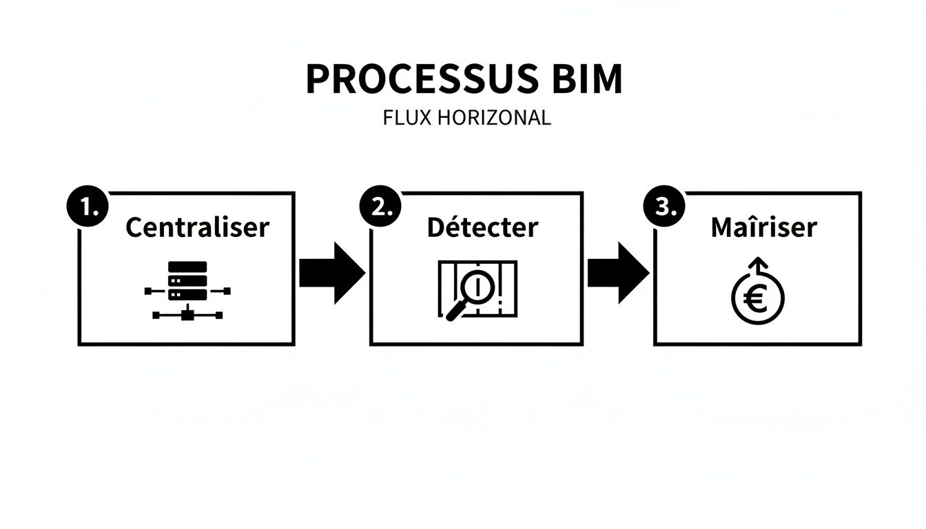 Un diagramme du processus BIM horizontal illustrant les trois étapes : centraliser les données, détecter les problèmes et maîtriser les coûts.