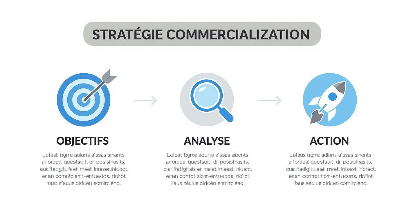 Infographie décrivant un processus de stratégie de commercialisation en trois étapes clés : objectifs, analyse et action.