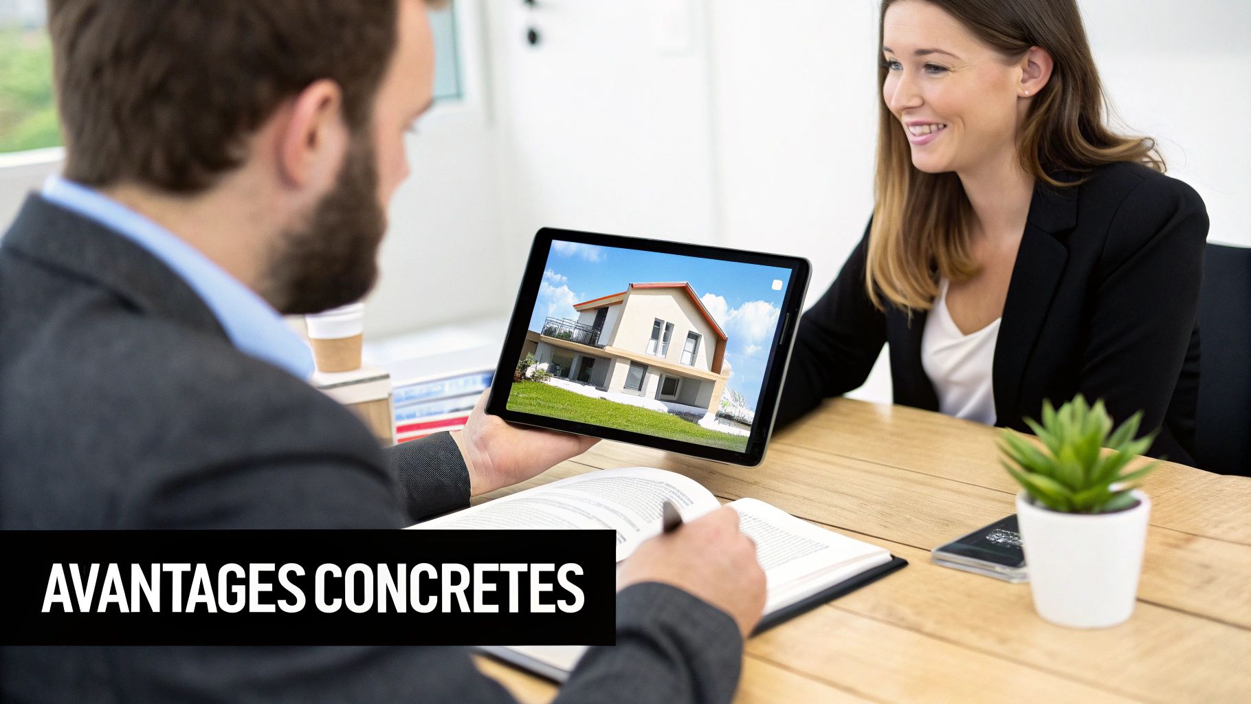 Un homme montre une maison sur une tablette à une femme souriante lors d'une discussion immobilière. Le texte indique "AVANTAGES CONCRÈTES".