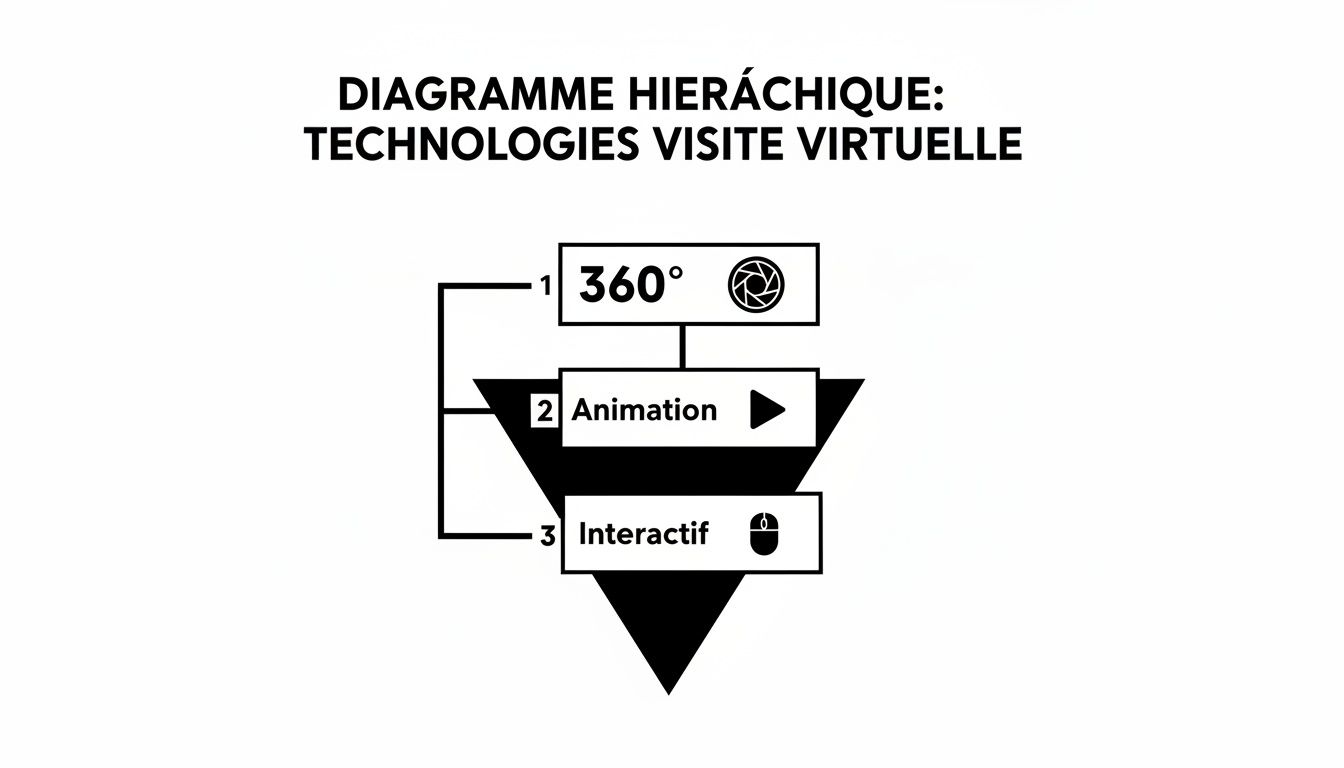 Diagramme hiérarchique des technologies de visite virtuelle montrant 360°, animation et interactif, avec leurs icônes respectives.