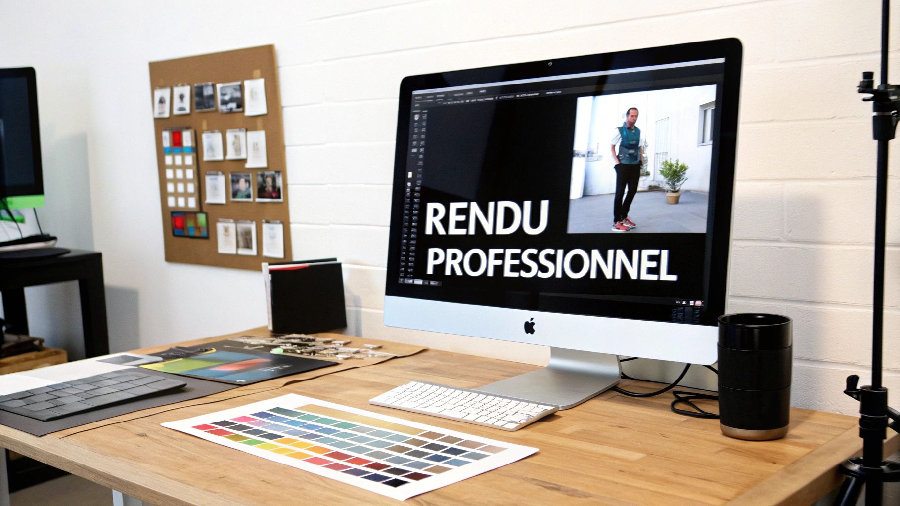 Un espace de travail moderne avec un iMac affichant un rendu professionnel et une palette de couleurs sur un bureau en bois.