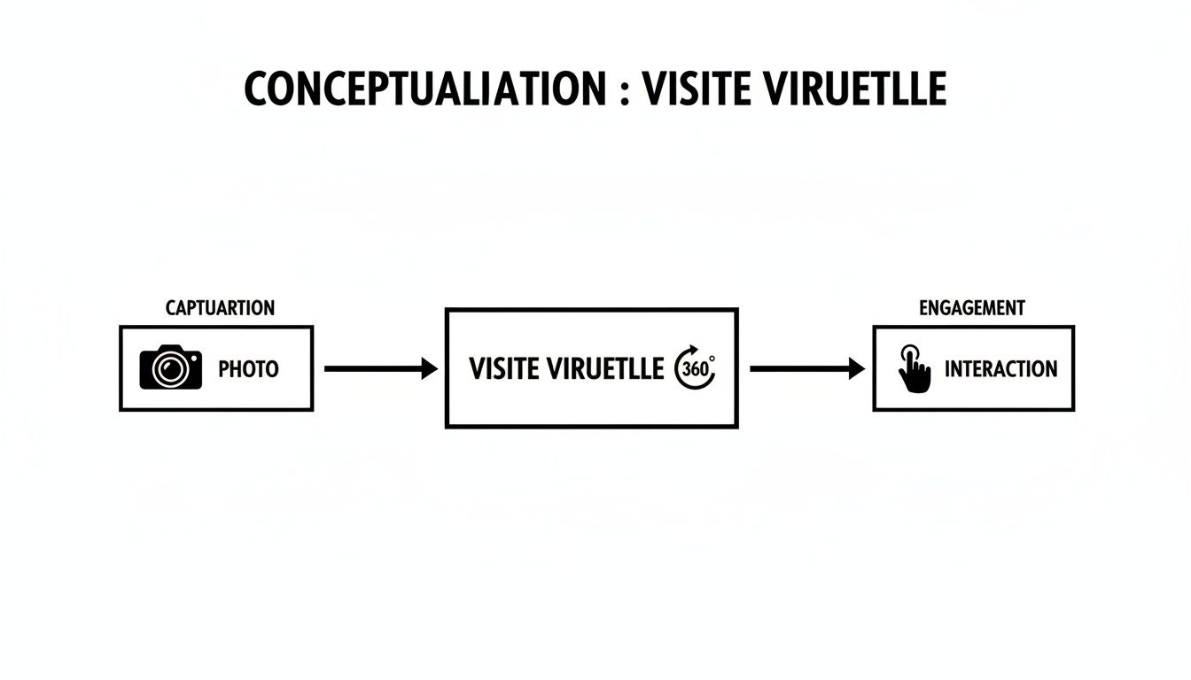 Diagramme conceptuel de la visite virtuelle: de la capture photo à l'interaction utilisateur.