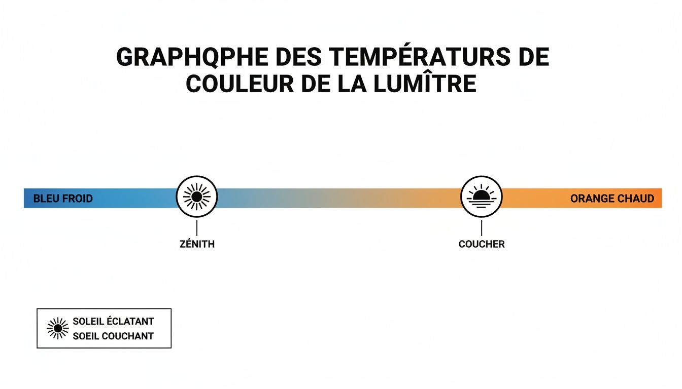 Graphique montrant le spectre des températures de couleur de la lumière, du bleu froid au lever au orange chaud au coucher du soleil.