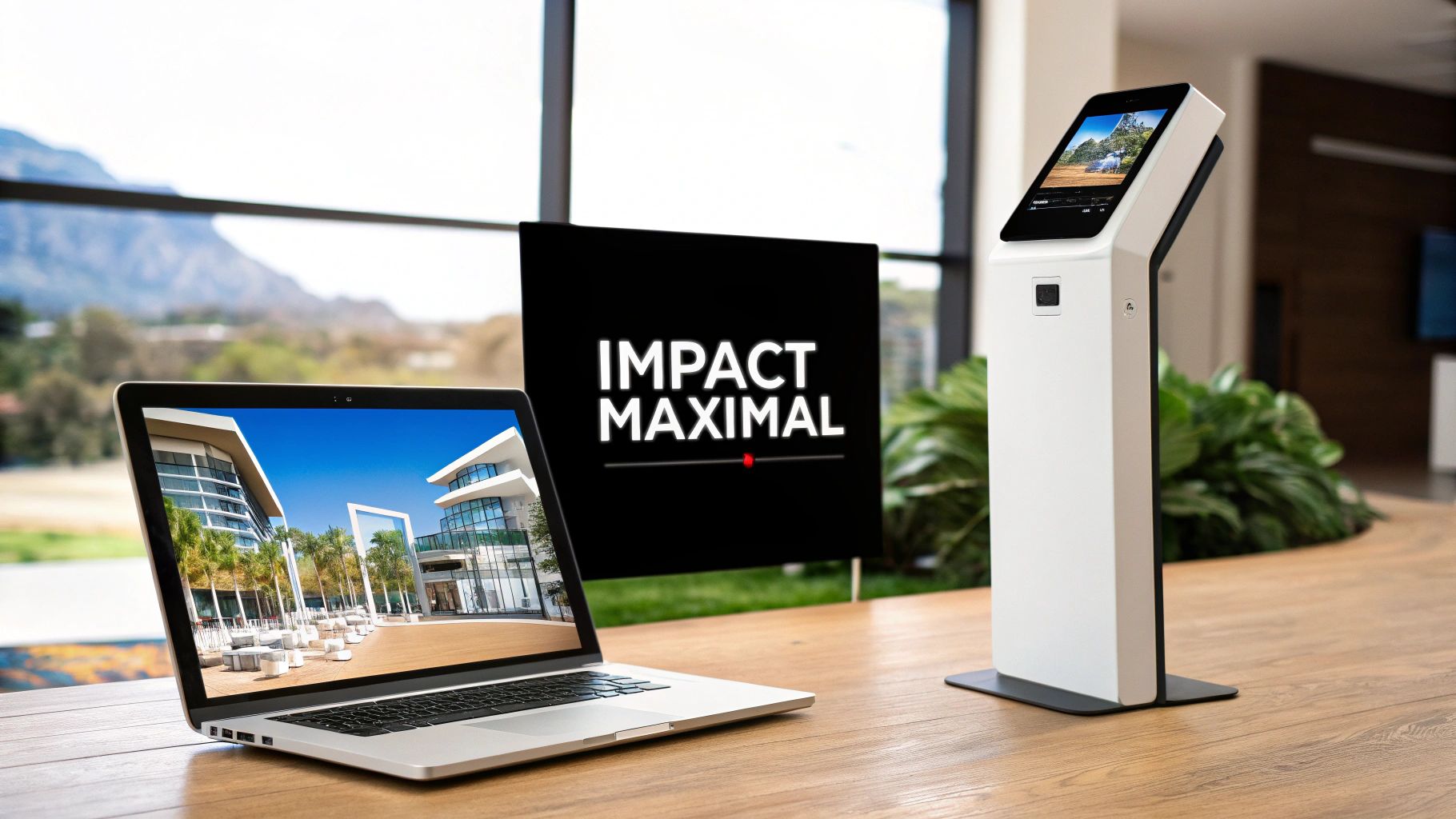 Un ordinateur portable et un kiosque numérique sur une table en bois avec un écran "IMPACT MAXIMAL" à l'arrière.