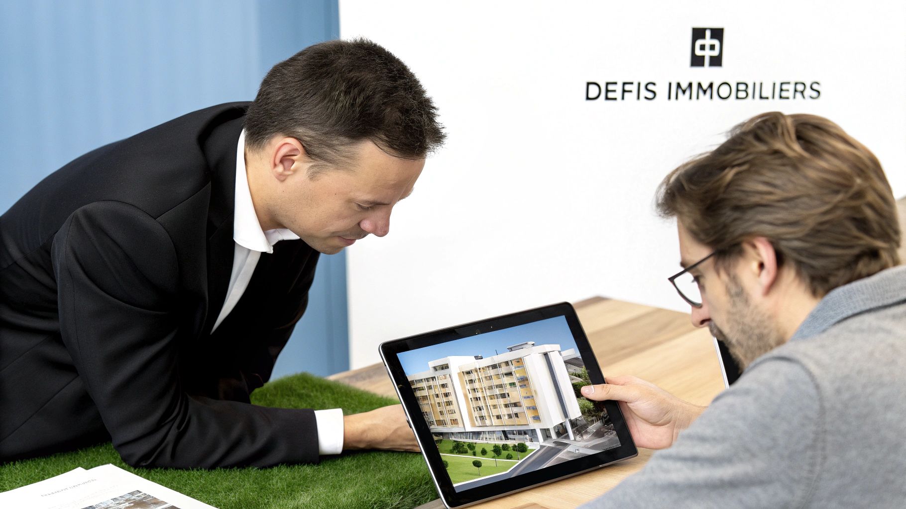 Deux hommes regardent une image sur une tablette, discutant d'immobilier avec un logo "DEFIS IMMOBILIERS".
