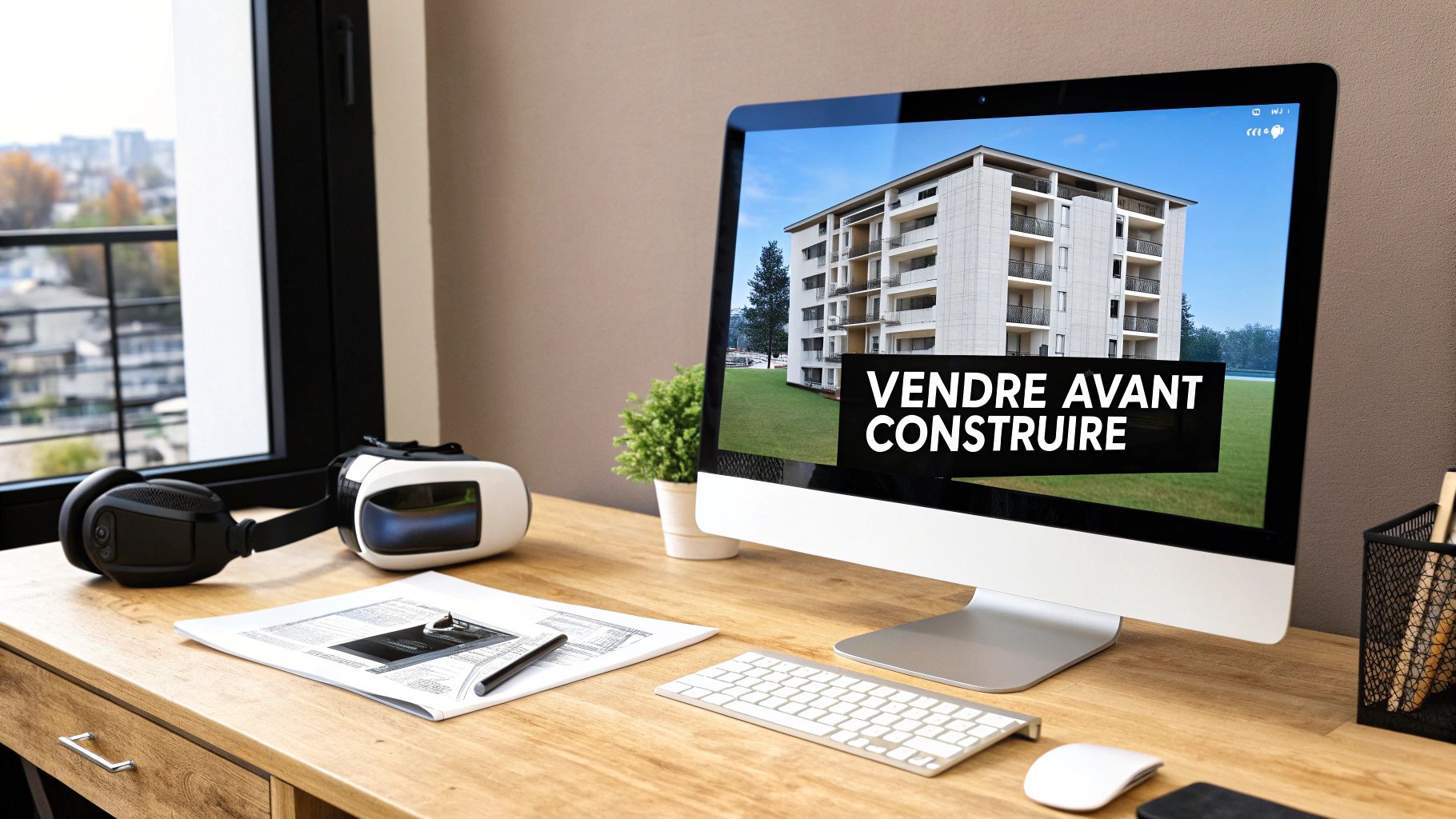 Un bureau moderne avec un écran d'ordinateur affichant un immeuble 3D, un casque VR et des documents.