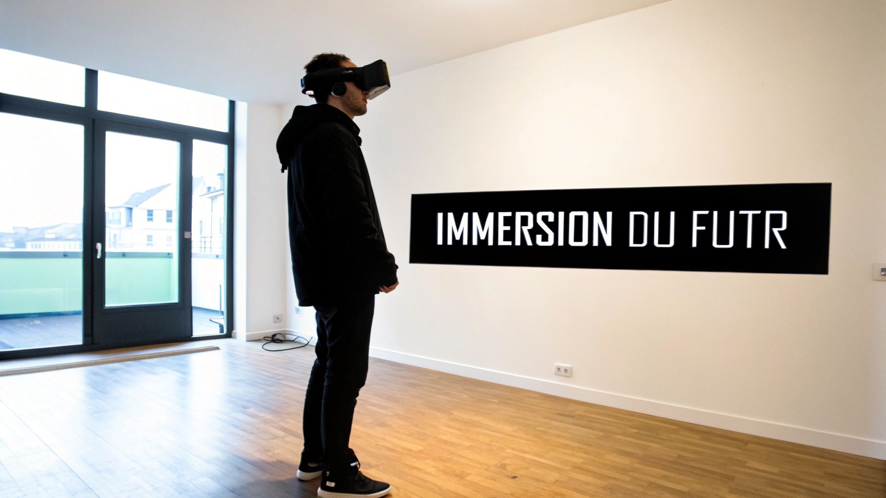 Une personne portant un casque de réalité virtuelle regarde un panneau mural dans une pièce moderne et lumineuse.