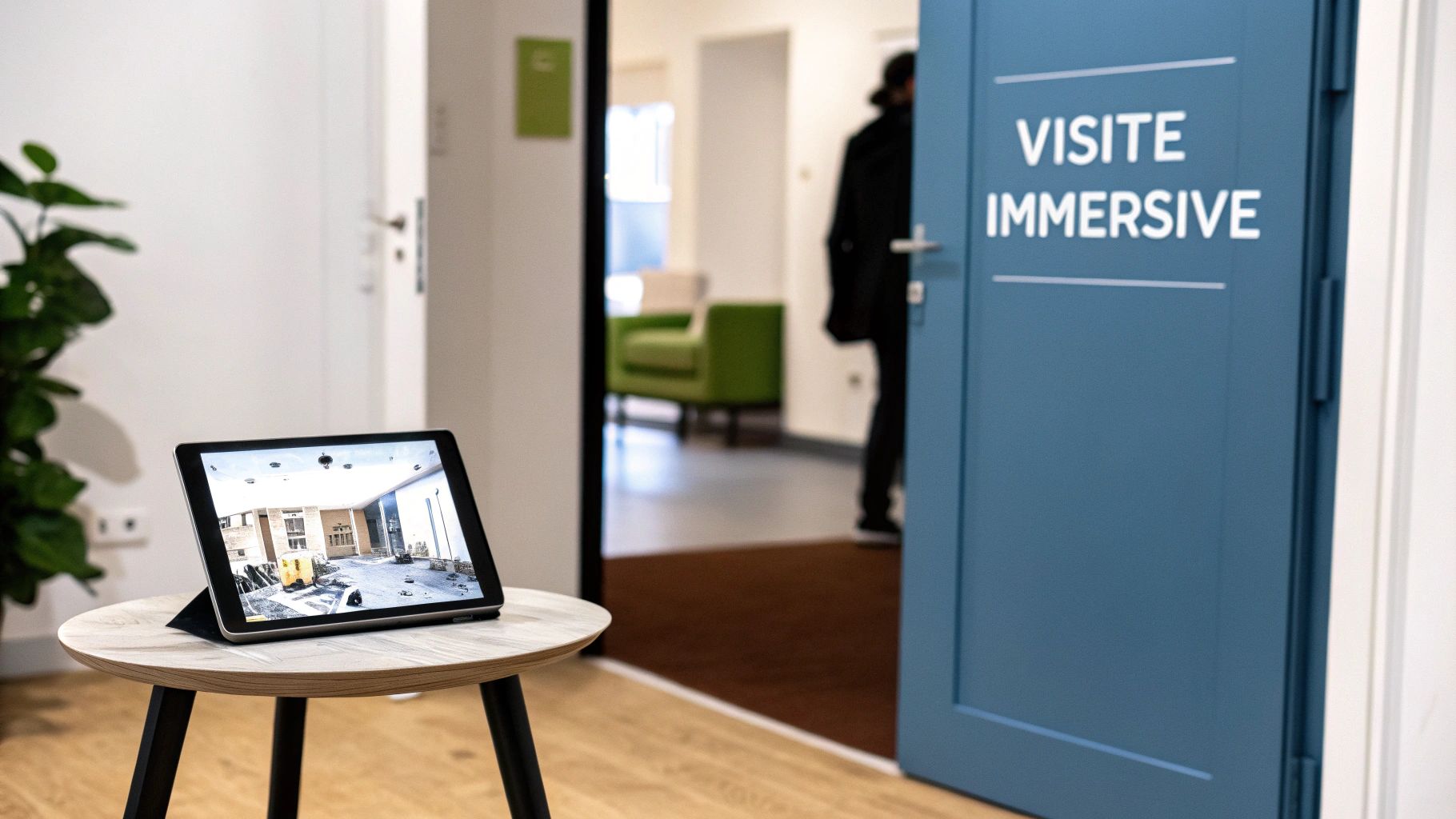 Tablette affichant une visite virtuelle immersive d'appartement à l'entrée d'un espace moderne